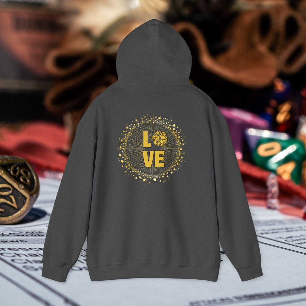 LOVE D20 Hoodie — Gold Glitter Dice Heart Gamer Gaming RPG Hooded Sweatshirt