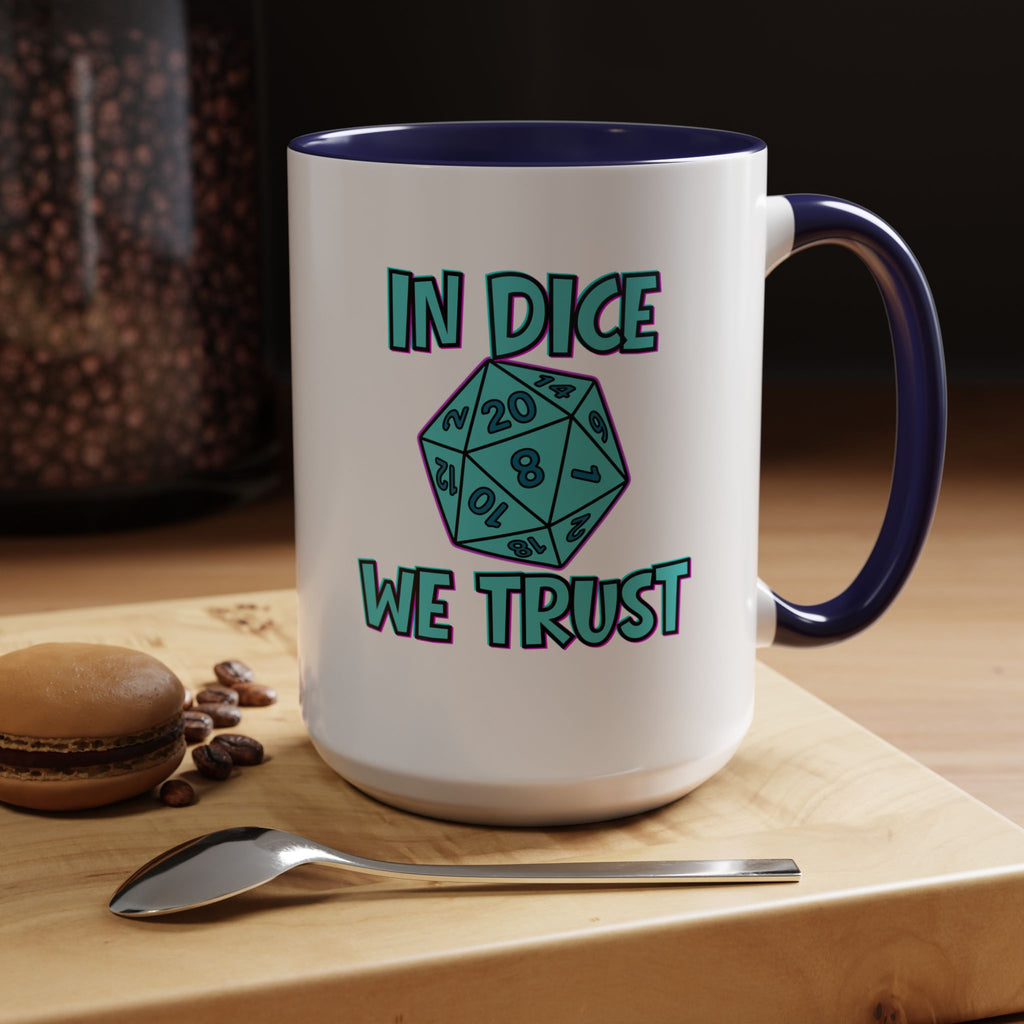 D20 Coffee Mug — "In Dice We Trust" Gamer RPG Dice Mug (15oz Accent)