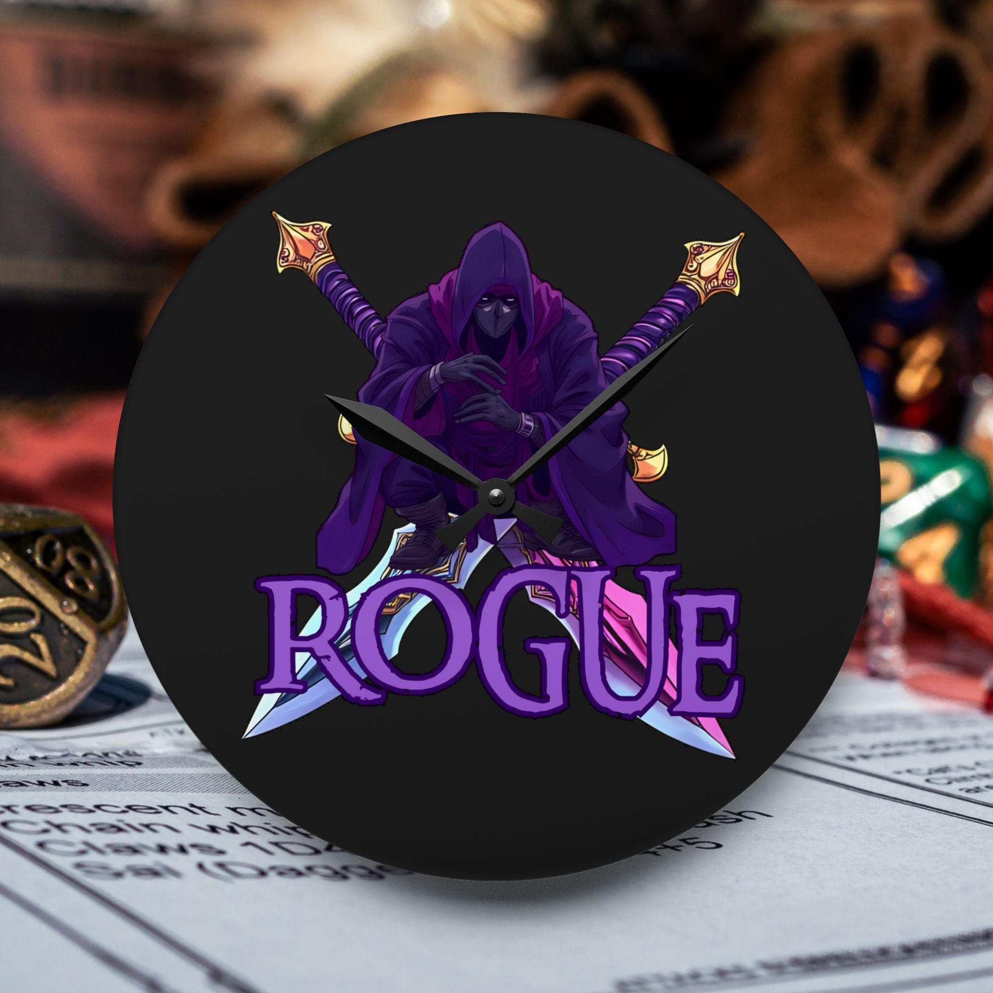 Rogue Acrylic Wall Clock — RPG Gamer Clock with Purple Rogue Design