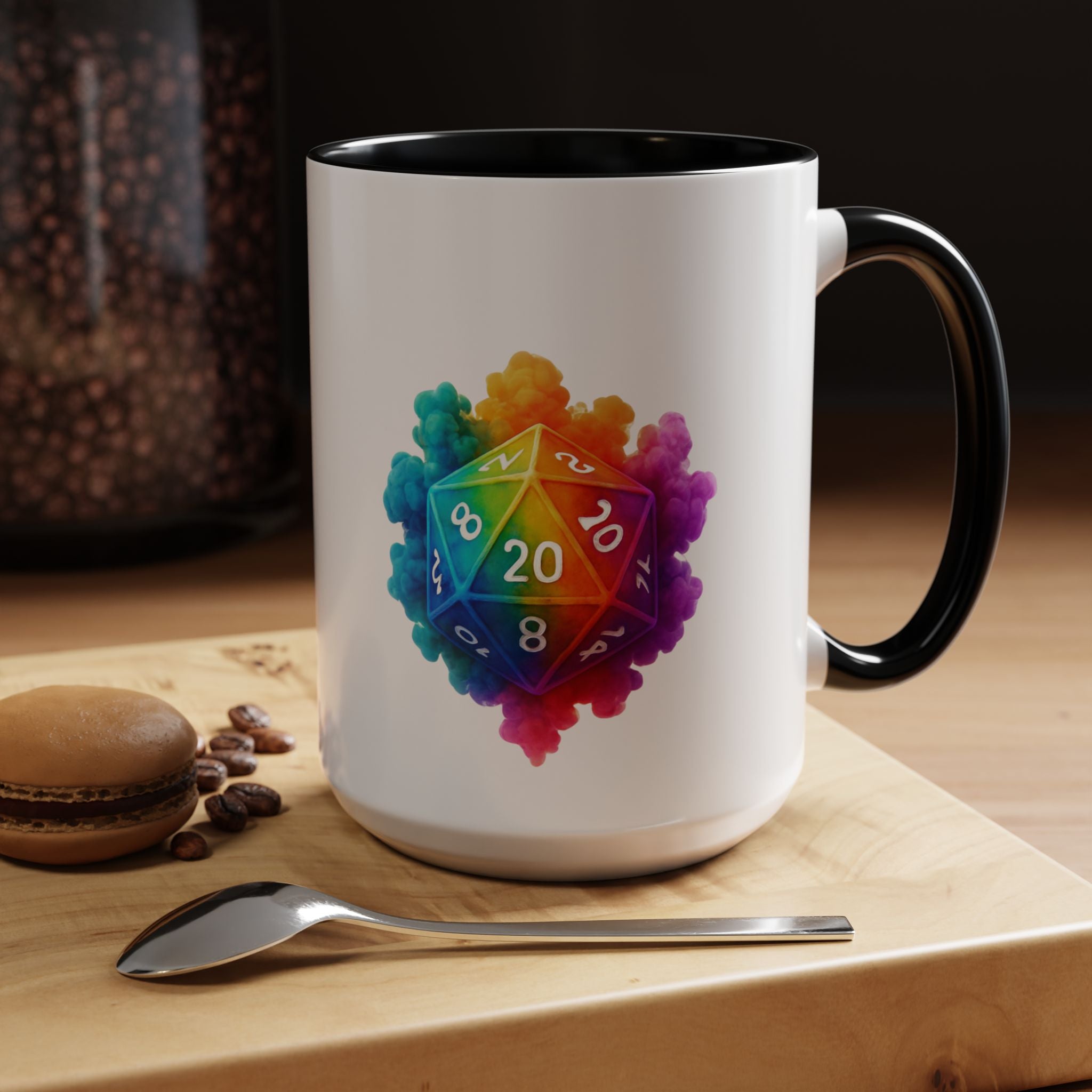 D20 Rainbow Dice Coffee Mug — Colorful Tabletop RPG Gamer Mug (15 oz)