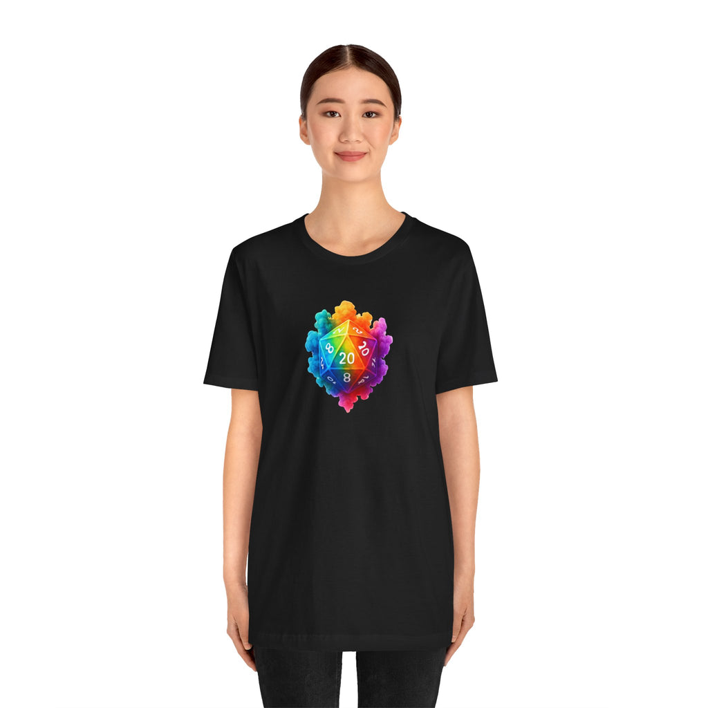 D20 Rainbow Heart T‑Shirt — Colorful Tabletop RPG Dice Tee