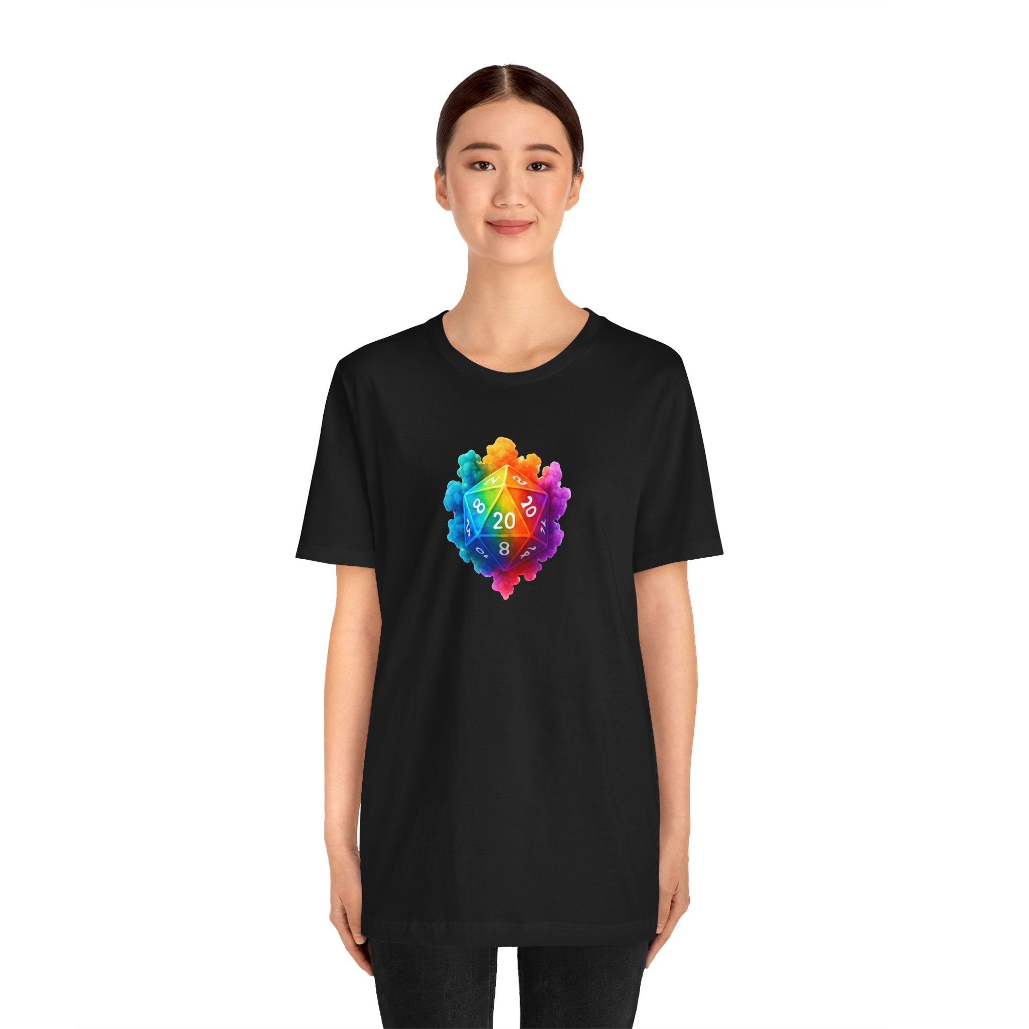 D20 Rainbow Heart T‑Shirt — Colorful Tabletop RPG Dice Tee