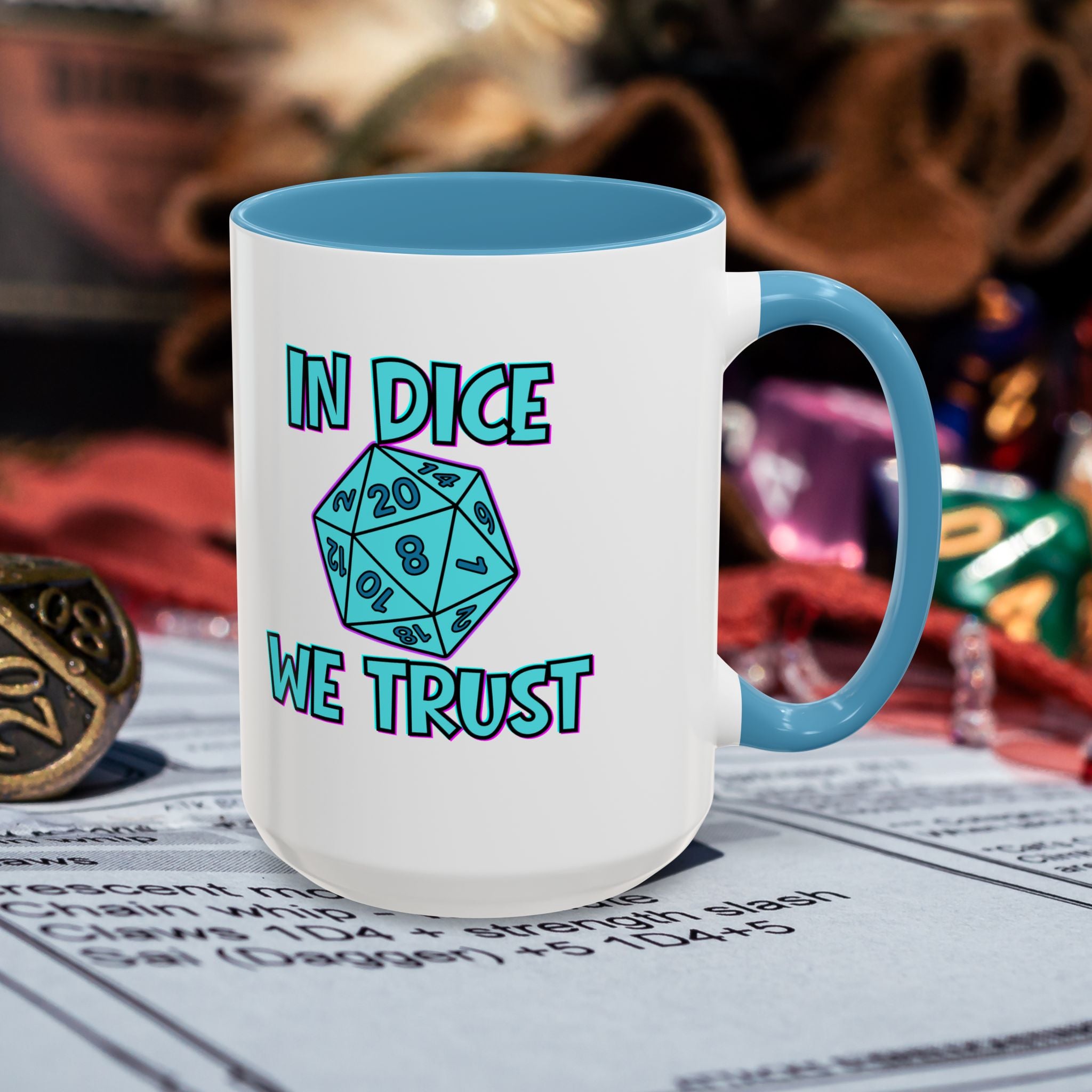 D20 Coffee Mug — "In Dice We Trust" Gamer RPG Dice Mug (15oz Accent)