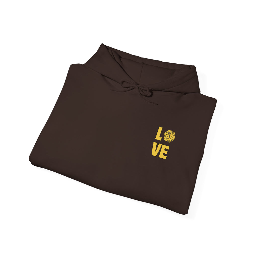 LOVE D20 Hoodie — Gold Glitter Dice Heart Gamer Gaming RPG Hooded Sweatshirt