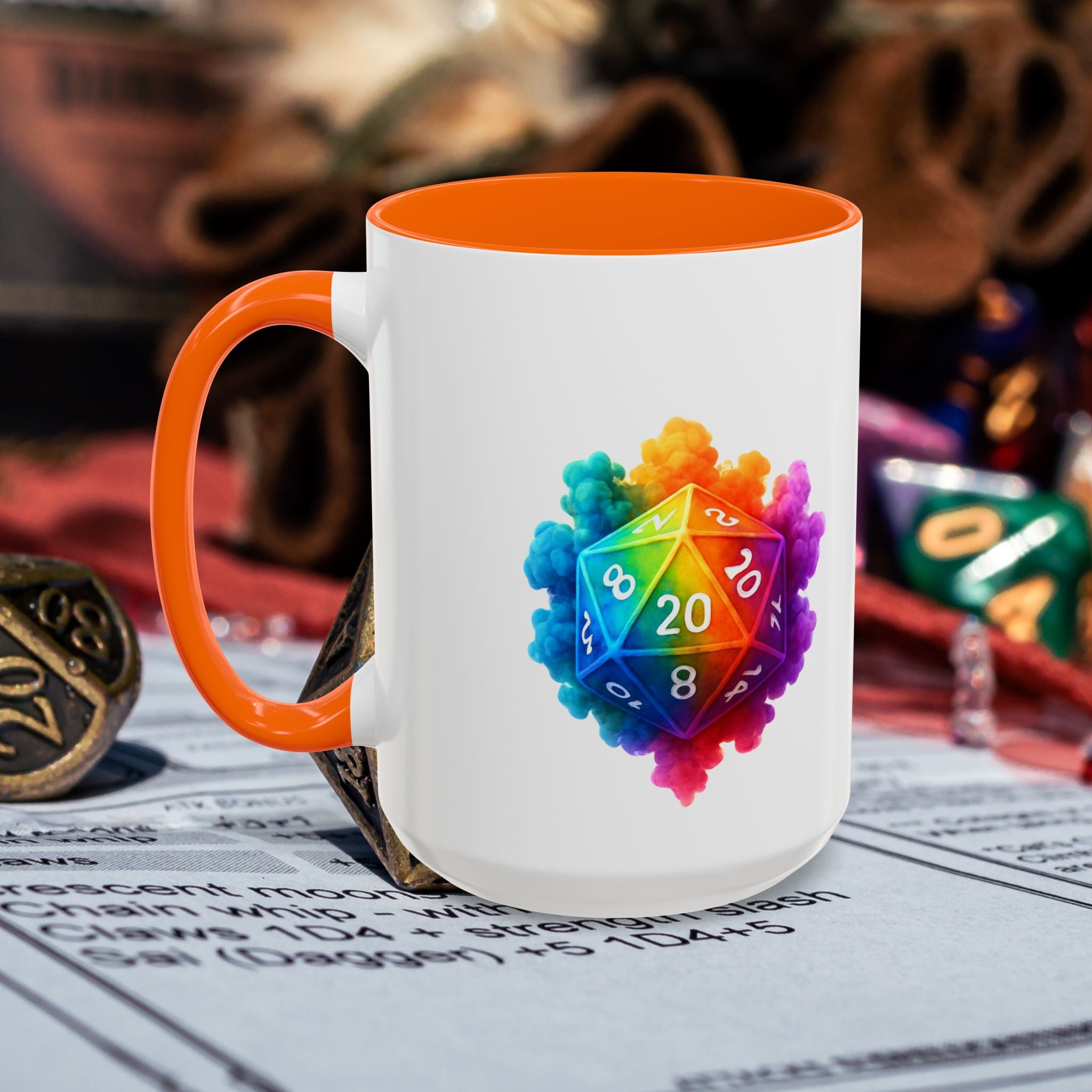 D20 Rainbow Dice Coffee Mug — Colorful Tabletop RPG Gamer Mug (15 oz)