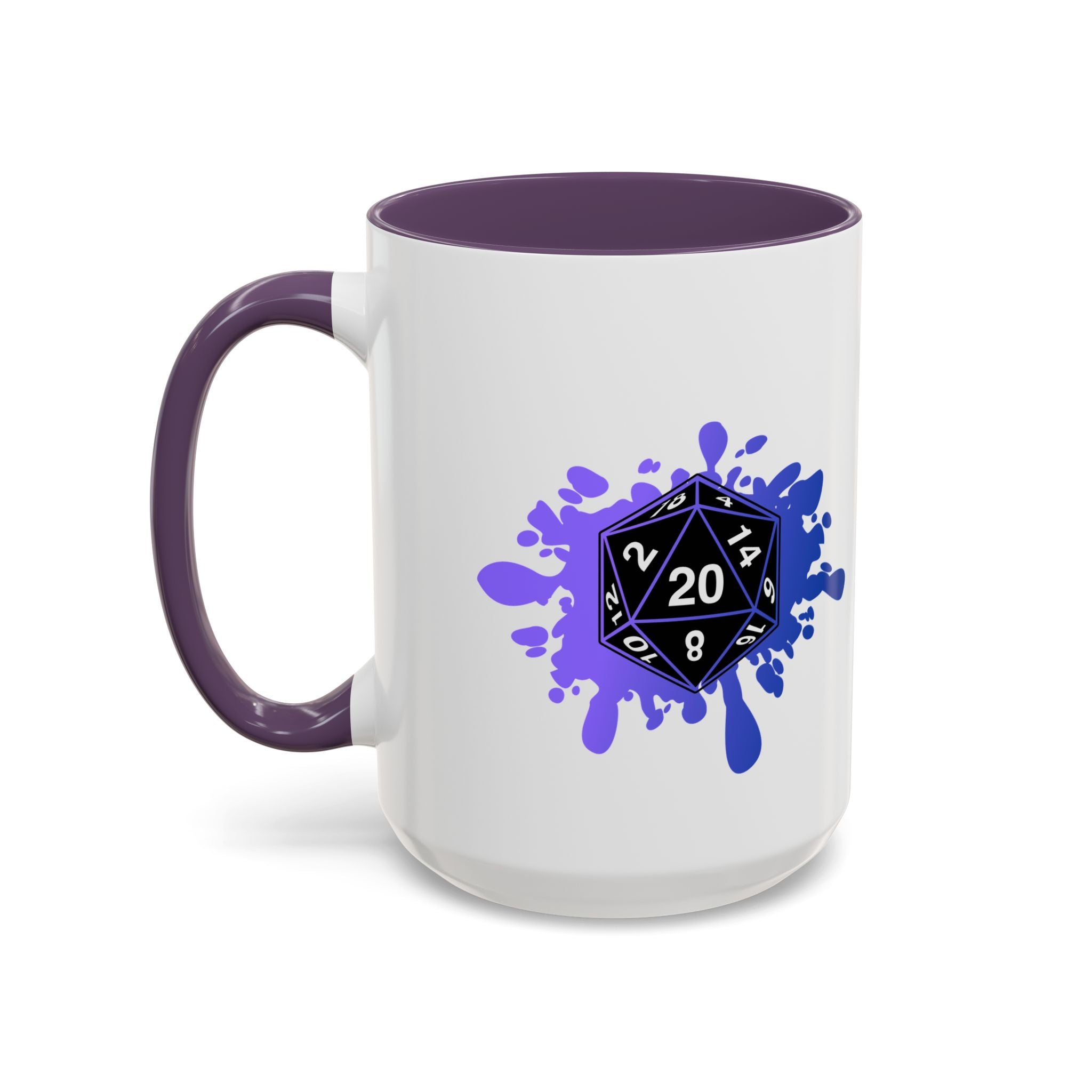D20 Splash Coffee Mug — Gamer Dice 15oz Accent Mug