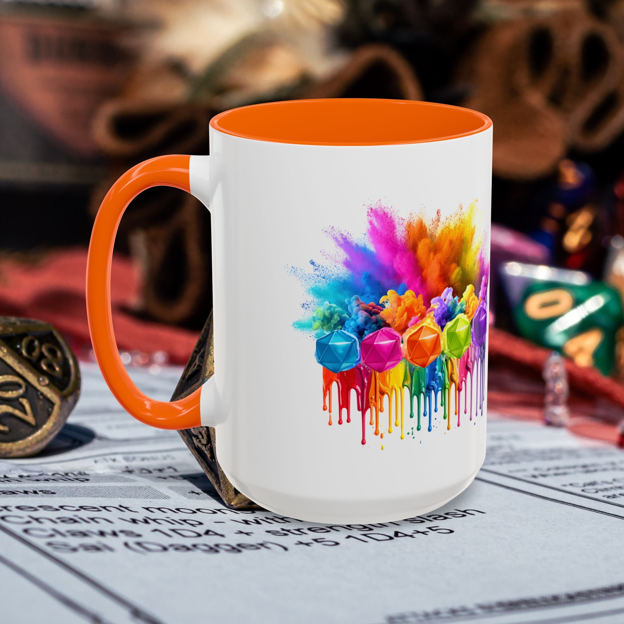 Colorful Dripping D20 Coffee Mug — Vibrant Rainbow Dice Design (15 oz)