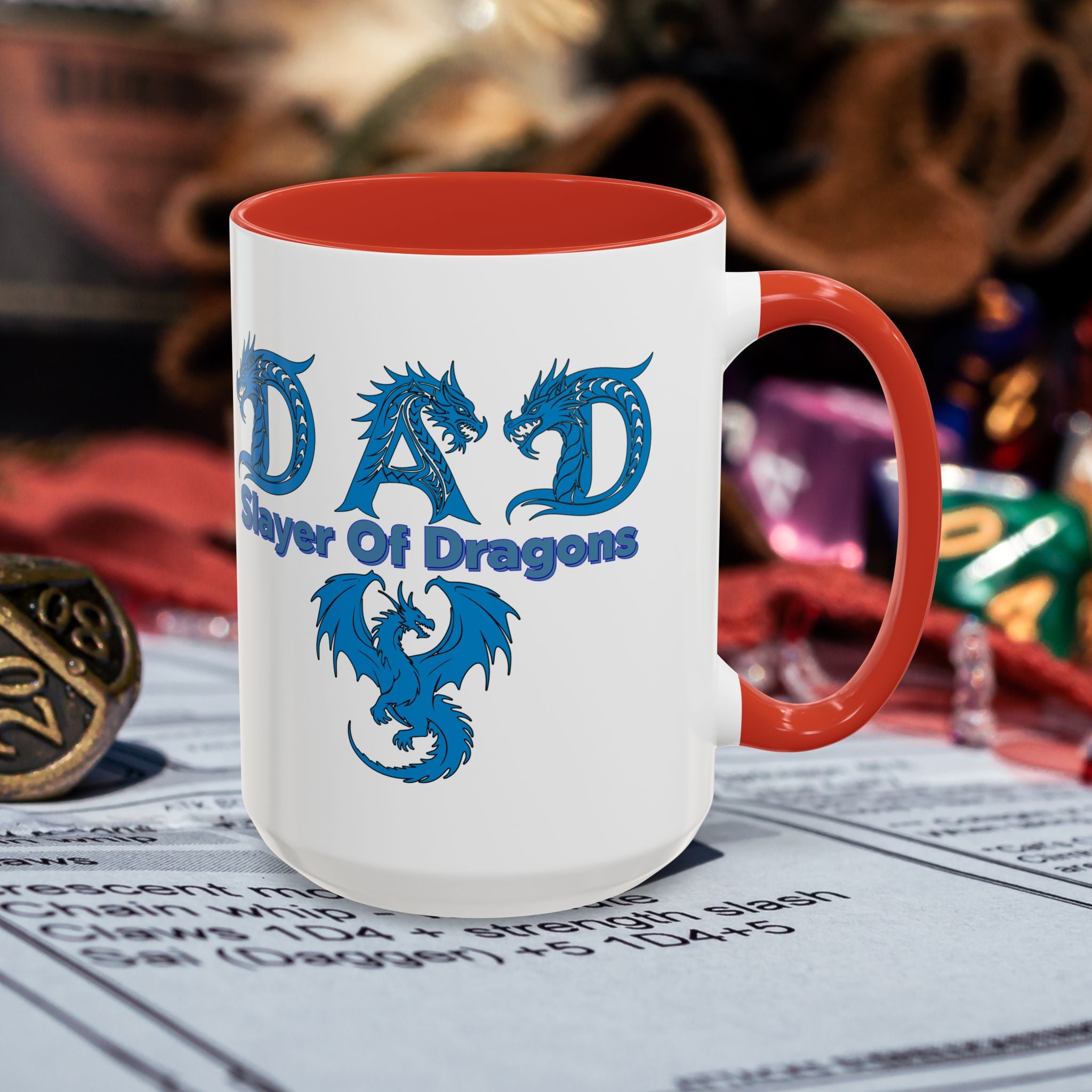 Dad Slayer of Dragons Accent Coffee Mug — Fantasy Dungeons & Dragons Gift