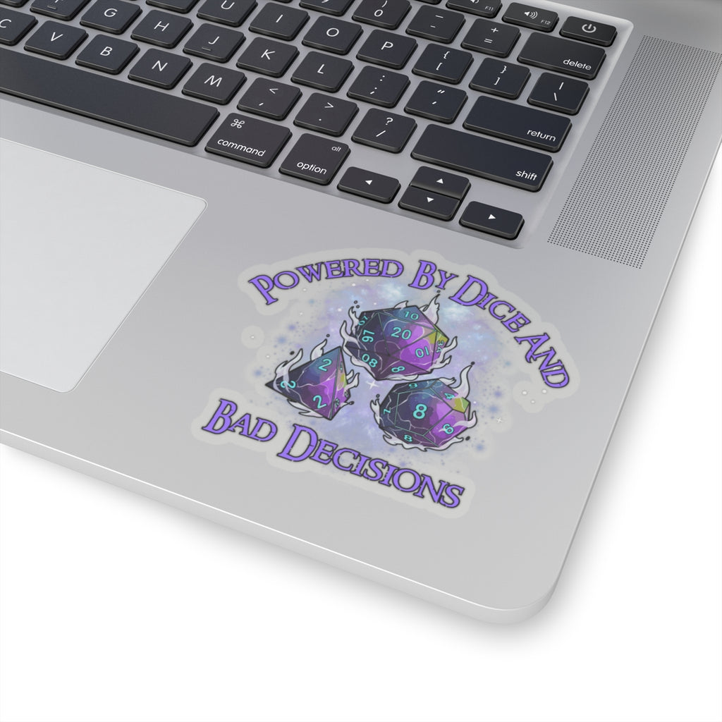 Kiss-Cut Sticker — “Powered by Dice and Bad Decisions” RPG Dice Humor Sticker