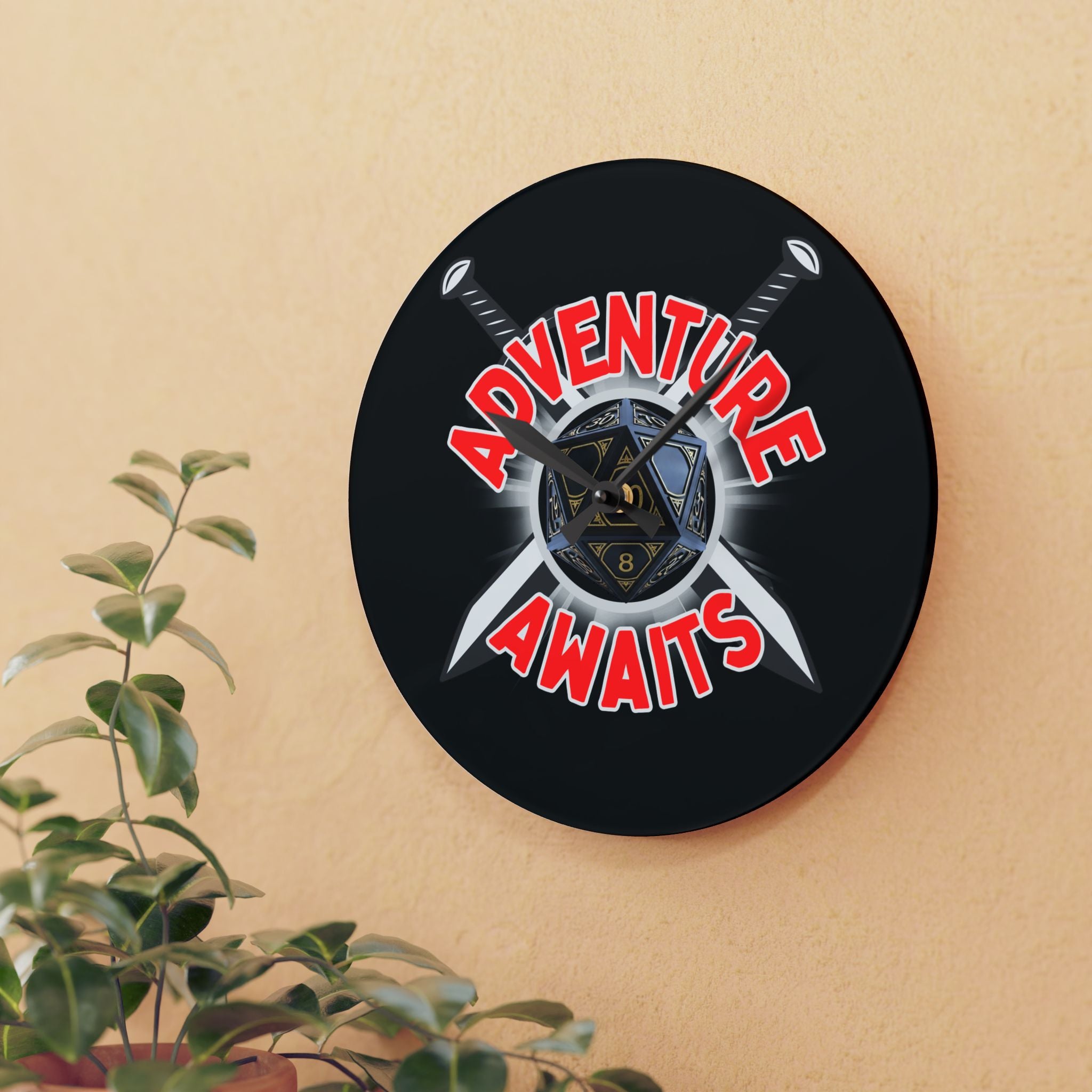 Adventure Awaits Acrylic Wall Clock — D20 Dice & Swords RPG Gamer Decor