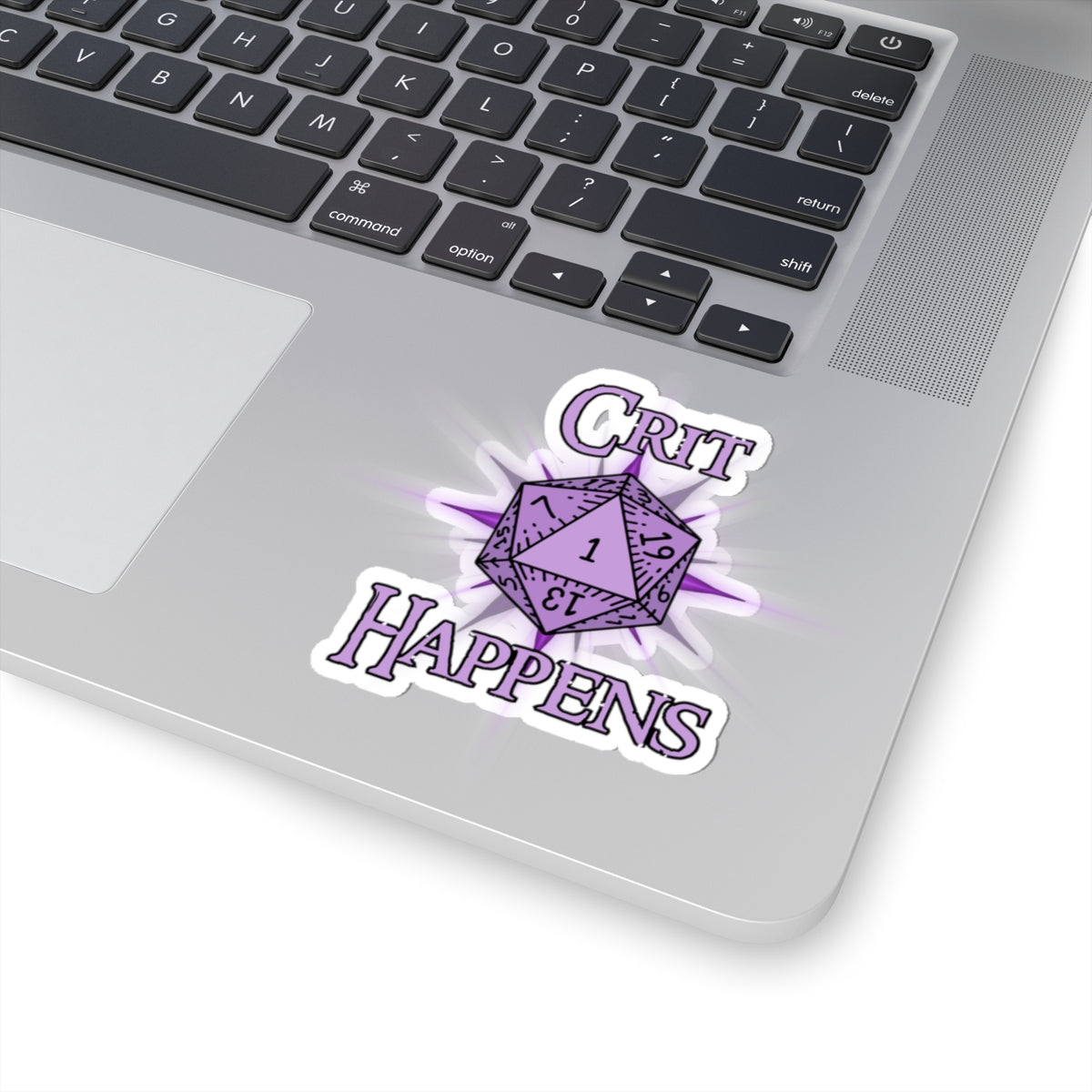 Crit Happens D20 Dice Sticker — Purple RPG Gaming Kiss-Cut Sticker