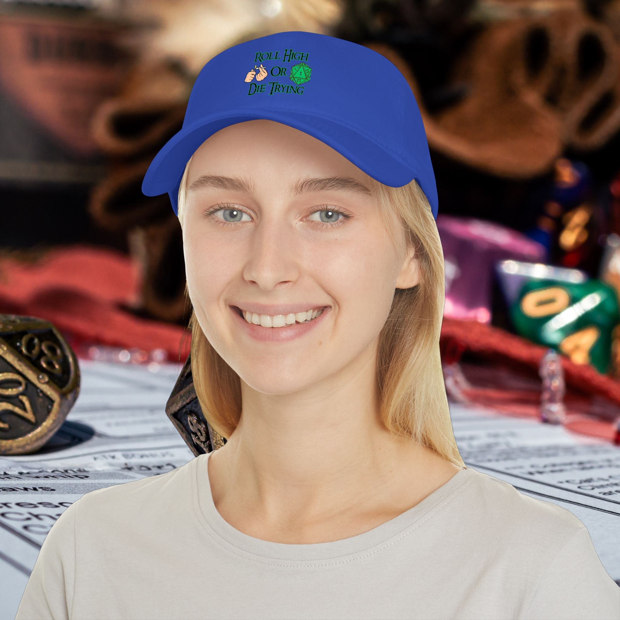Roll High or Die Trying Baseball Cap — D20 Dice RPG Gamer Hat