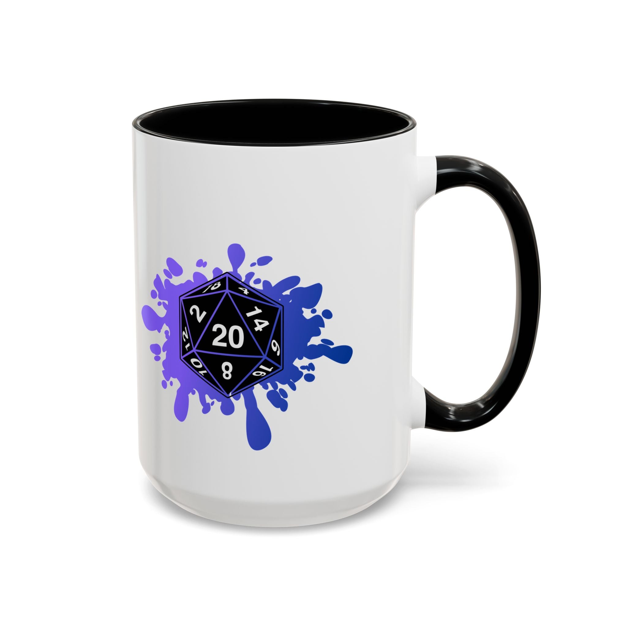 D20 Splash Coffee Mug — Gamer Dice 15oz Accent Mug