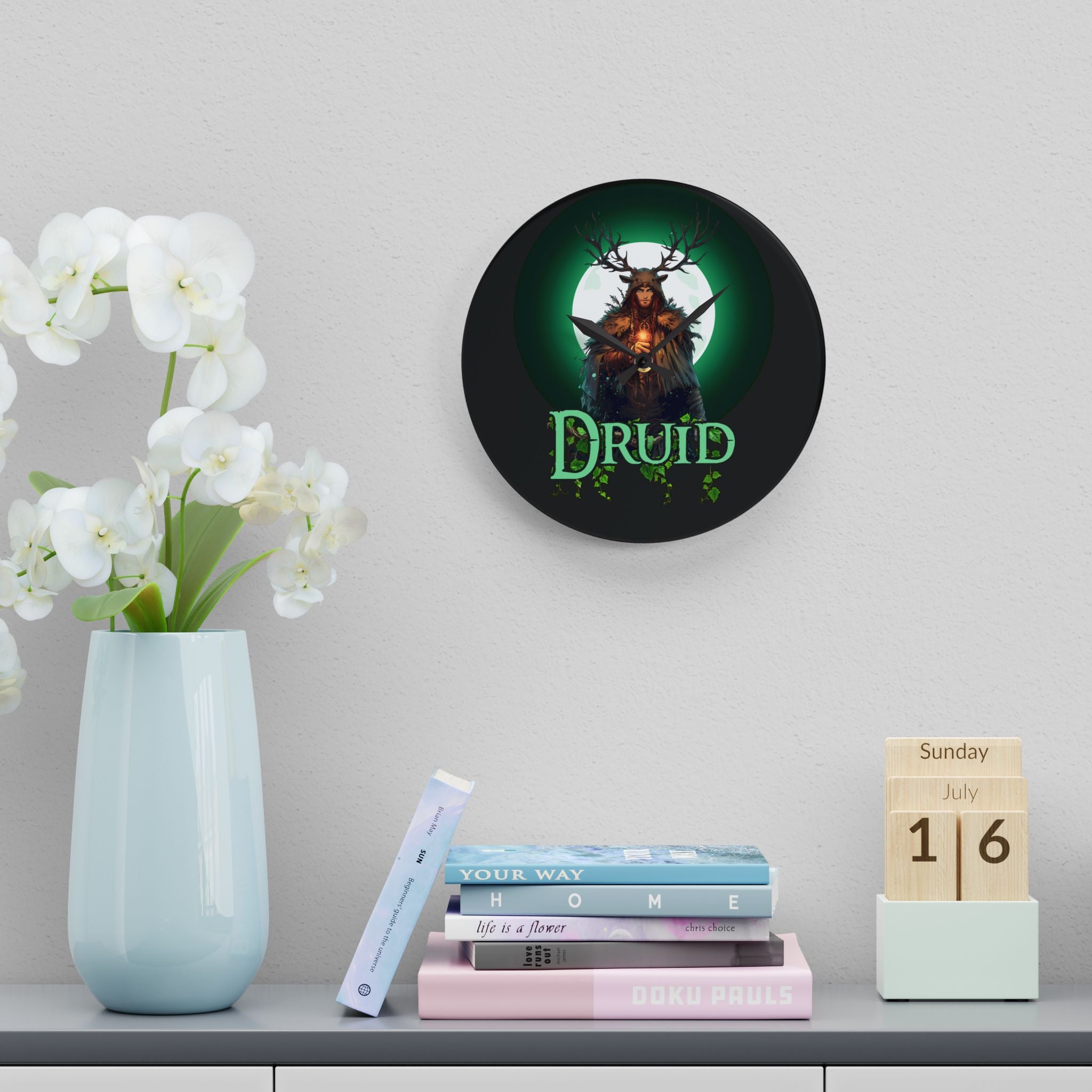 Druid Acrylic Wall Clock — Mystical Forest Moonlight Decor