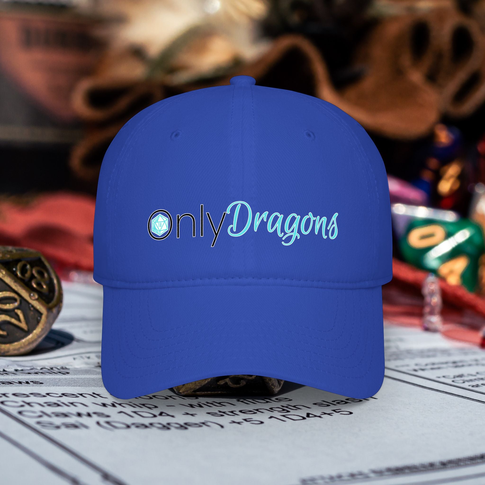 Only Dragons Low Profile Baseball Cap — D&D Dice Logo Hat for Tabletop Gamers