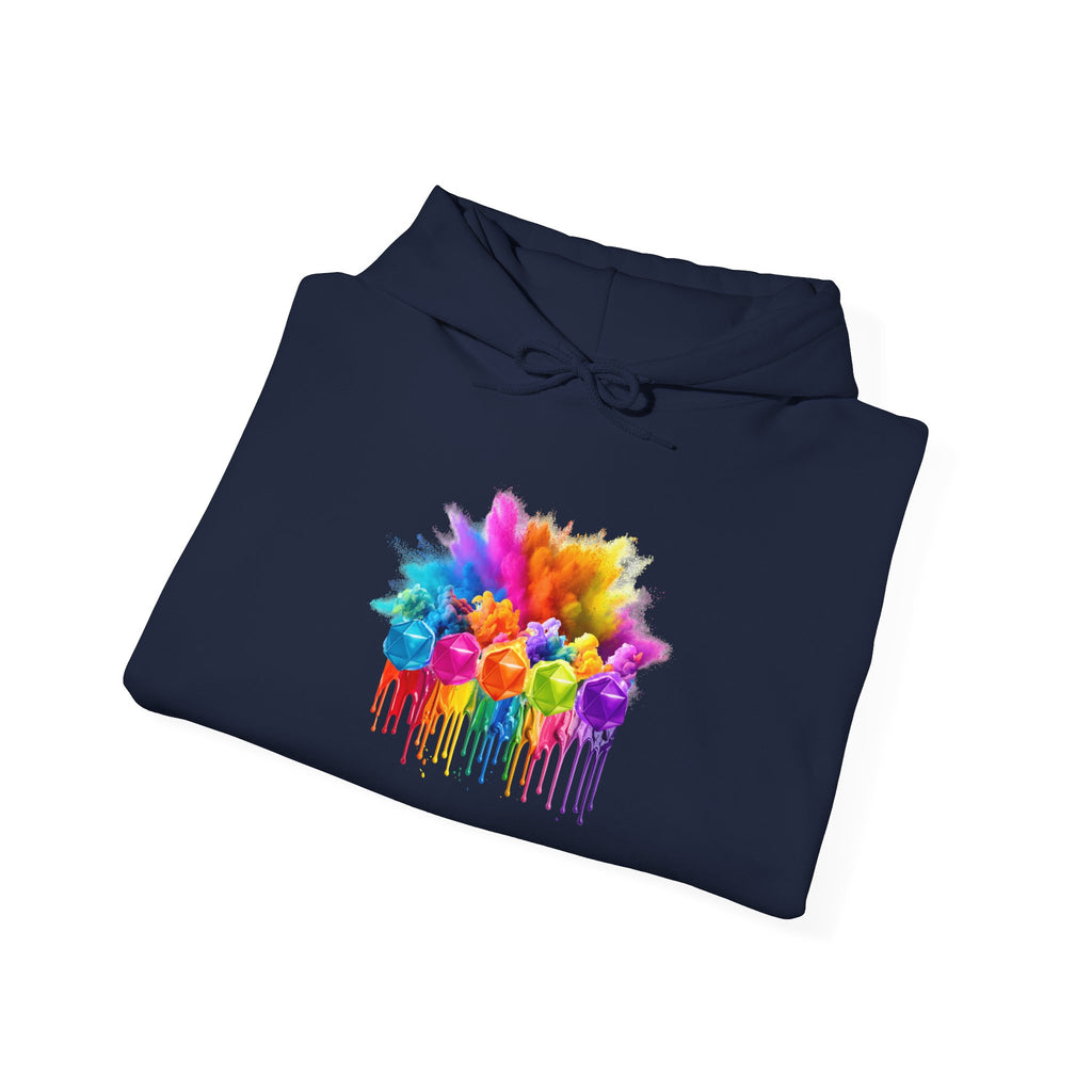 Colorful Drip D20 Hoodie – Vibrant Rainbow Dice Sweatshirt