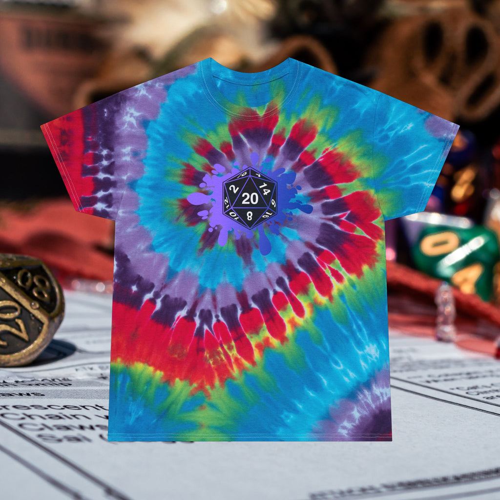 Tie-Dye Spiral Tee with D20 Dice Splatter Graphic Front and Back graphic