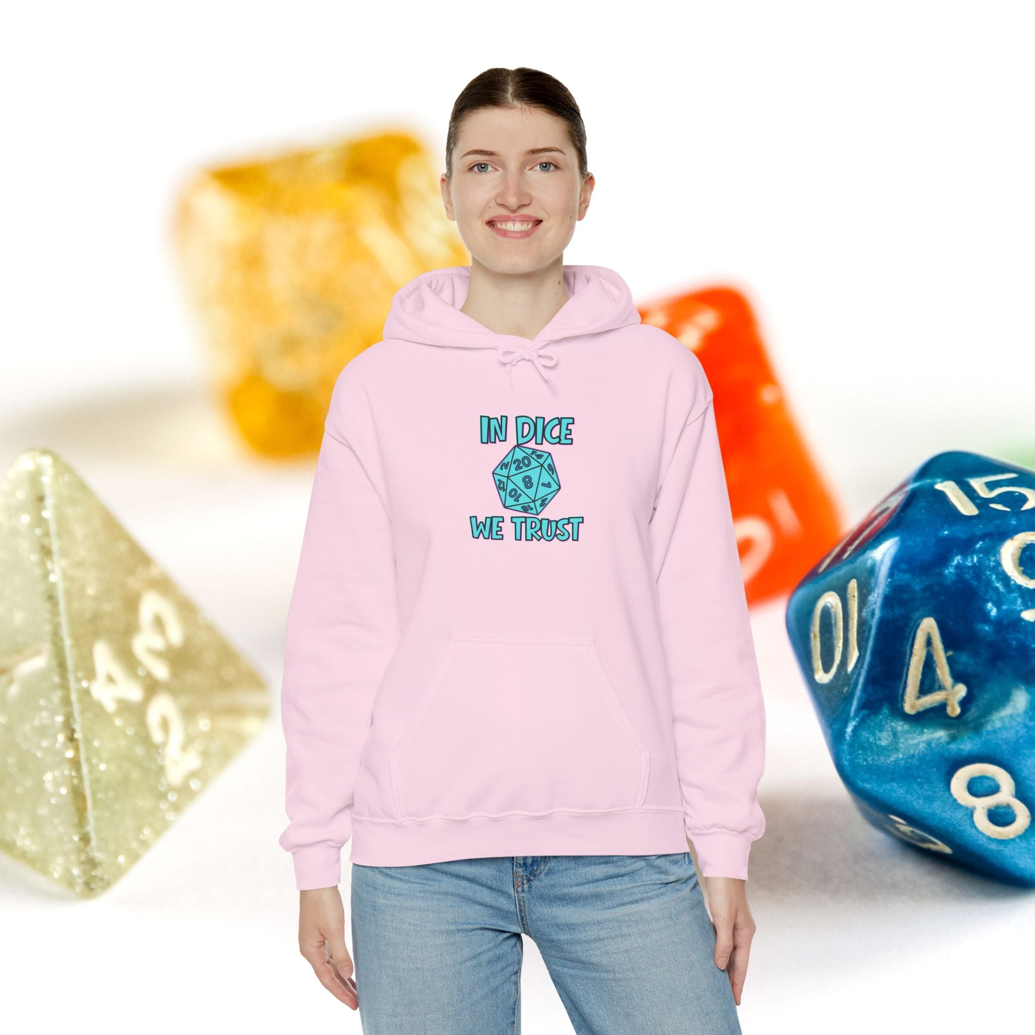 D20 Hoodie — "In Dice We Trust" RPG Gamer Hooded Sweatshirt