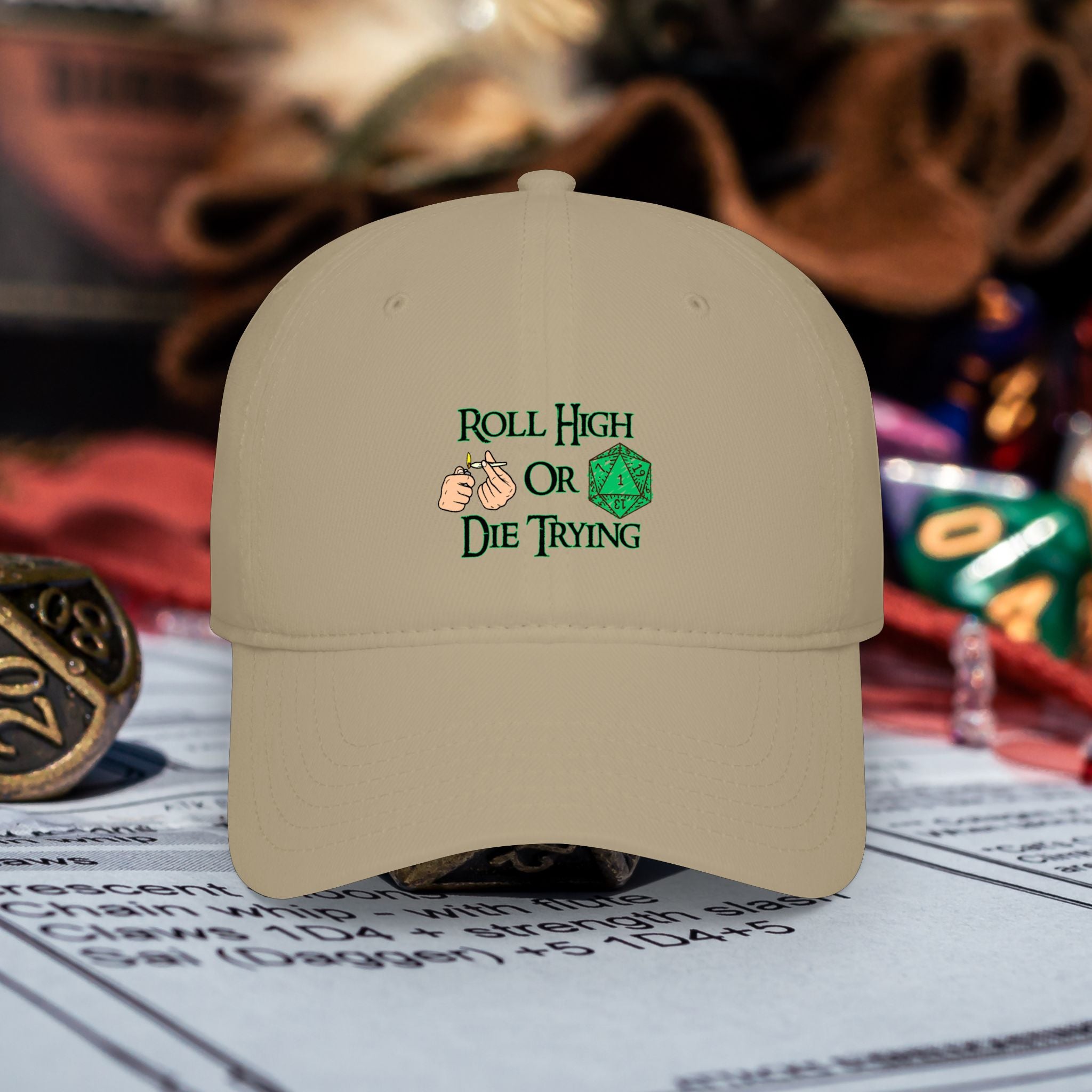 Roll High or Die Trying Baseball Cap — D20 Dice RPG Gamer Hat