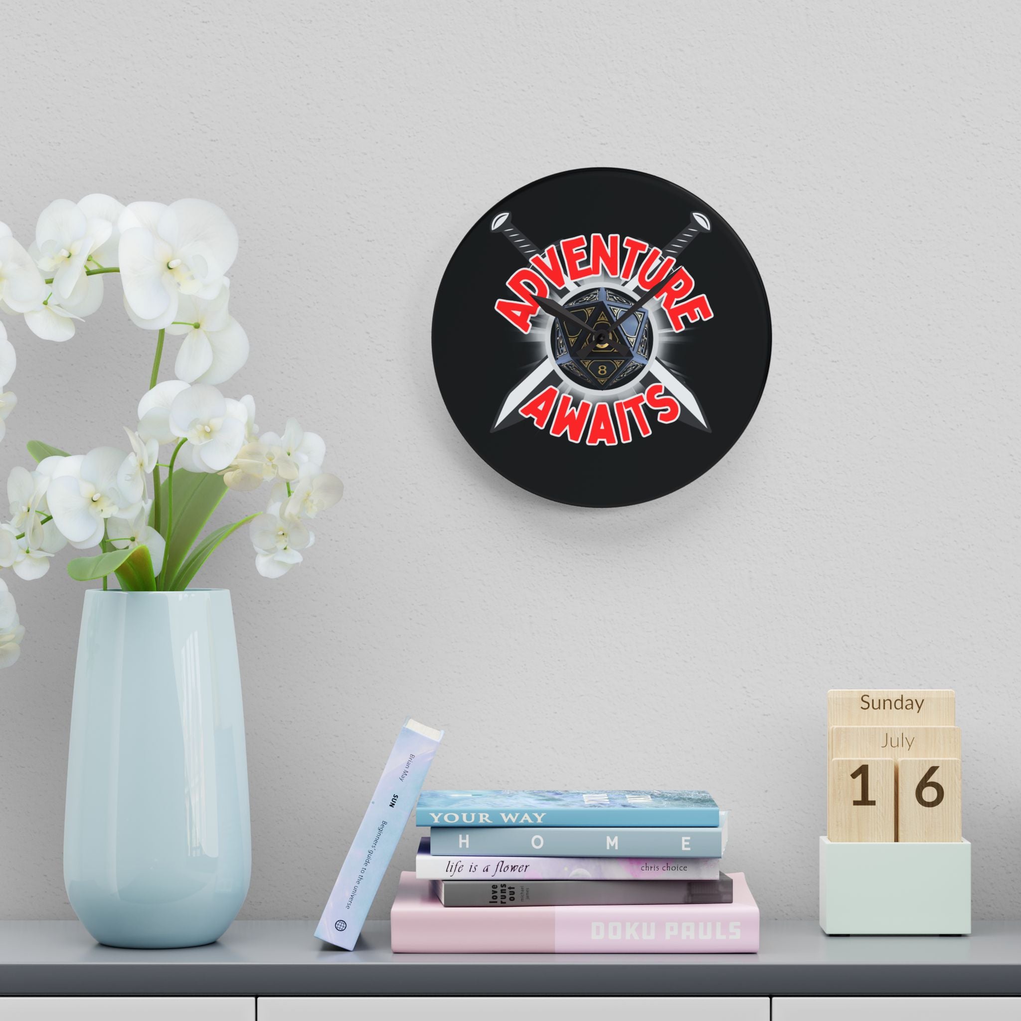 Adventure Awaits Acrylic Wall Clock — D20 Dice & Swords RPG Gamer Decor