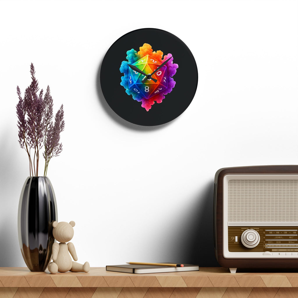Acrylic Wall Clock — Rainbow D20 Dice Gaming Clock (Tabletop RPG Decor)
