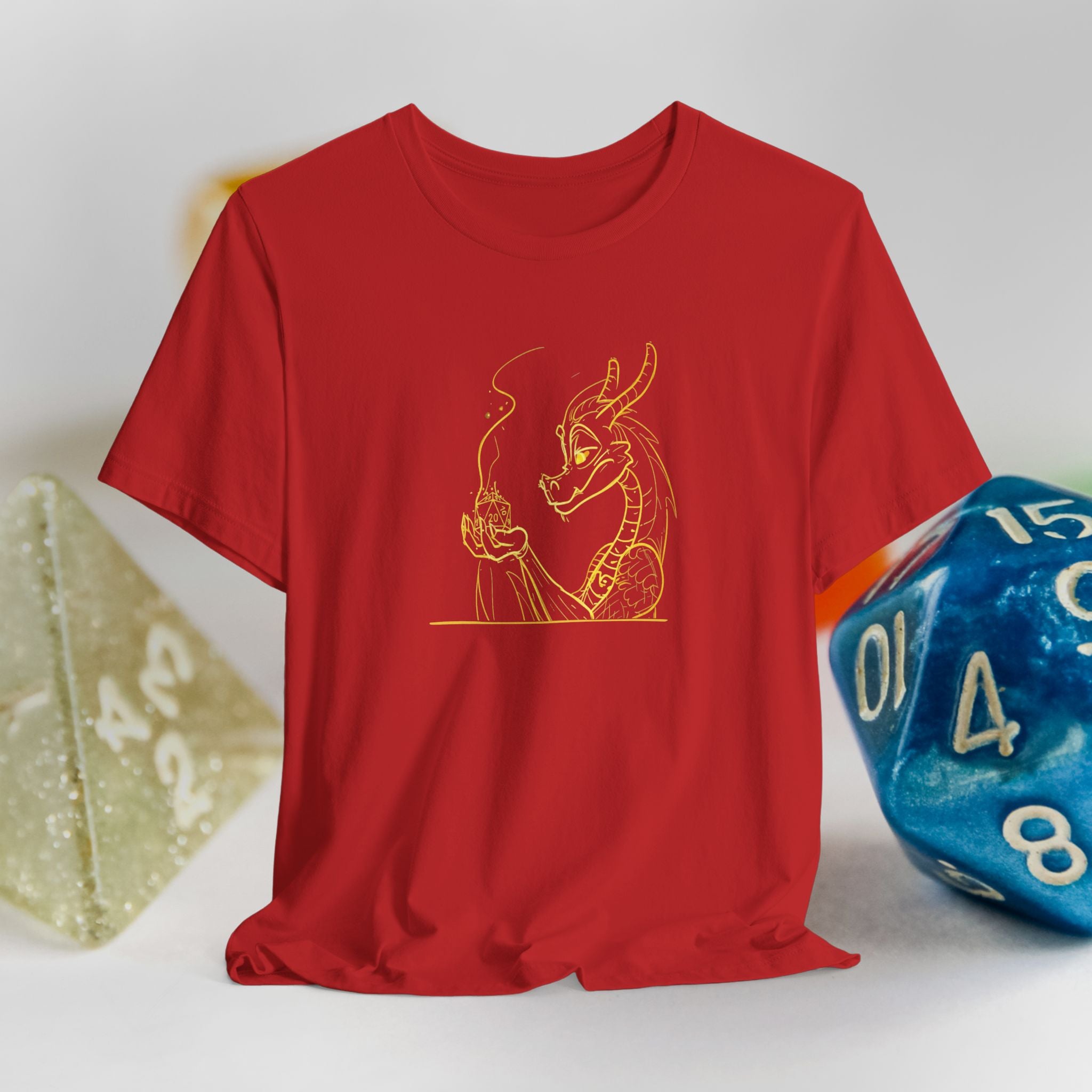 Dragon Dice T‑Shirt — Minimalist Dragon Holding D20 Gaming Tee