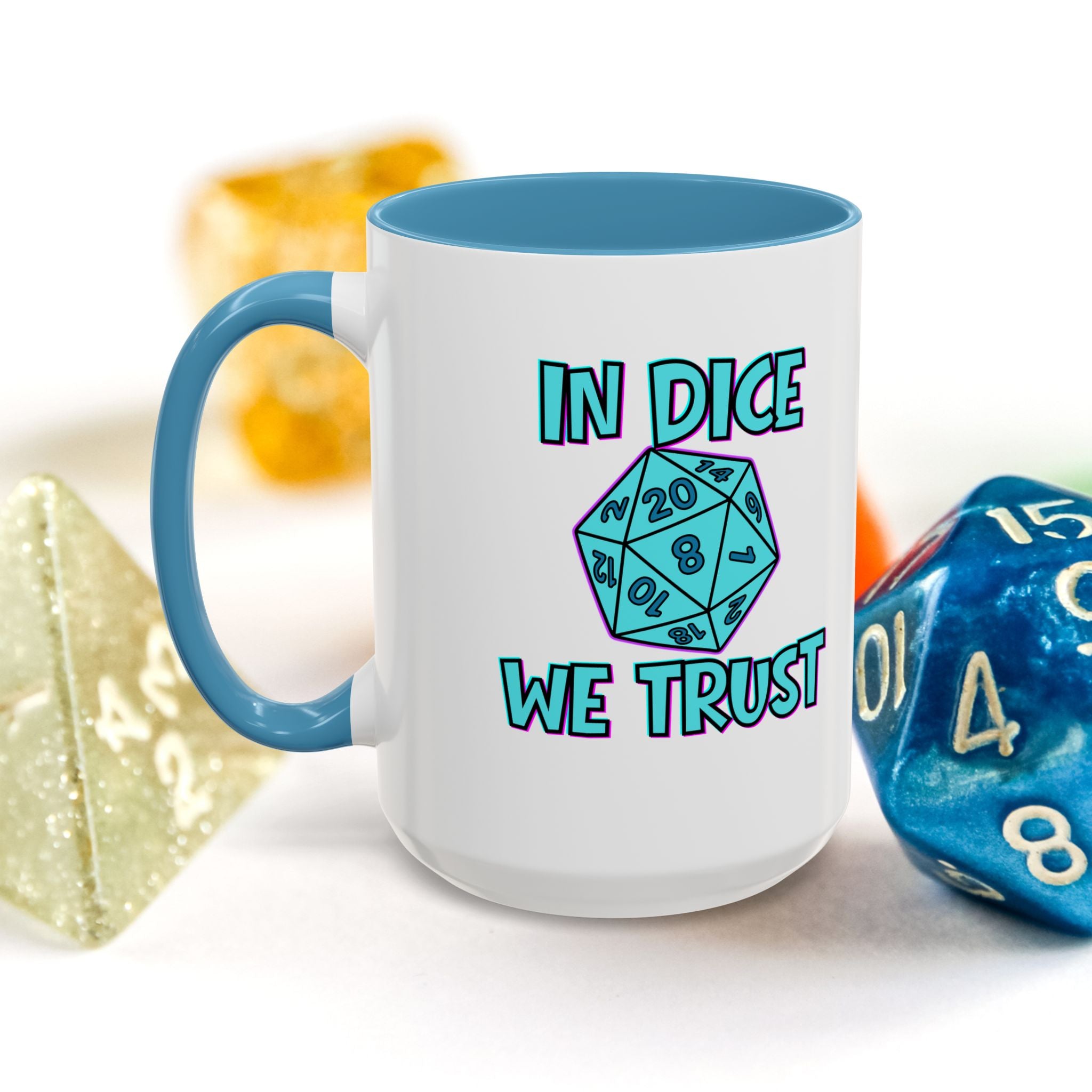 D20 Coffee Mug — "In Dice We Trust" Gamer RPG Dice Mug (15oz Accent)
