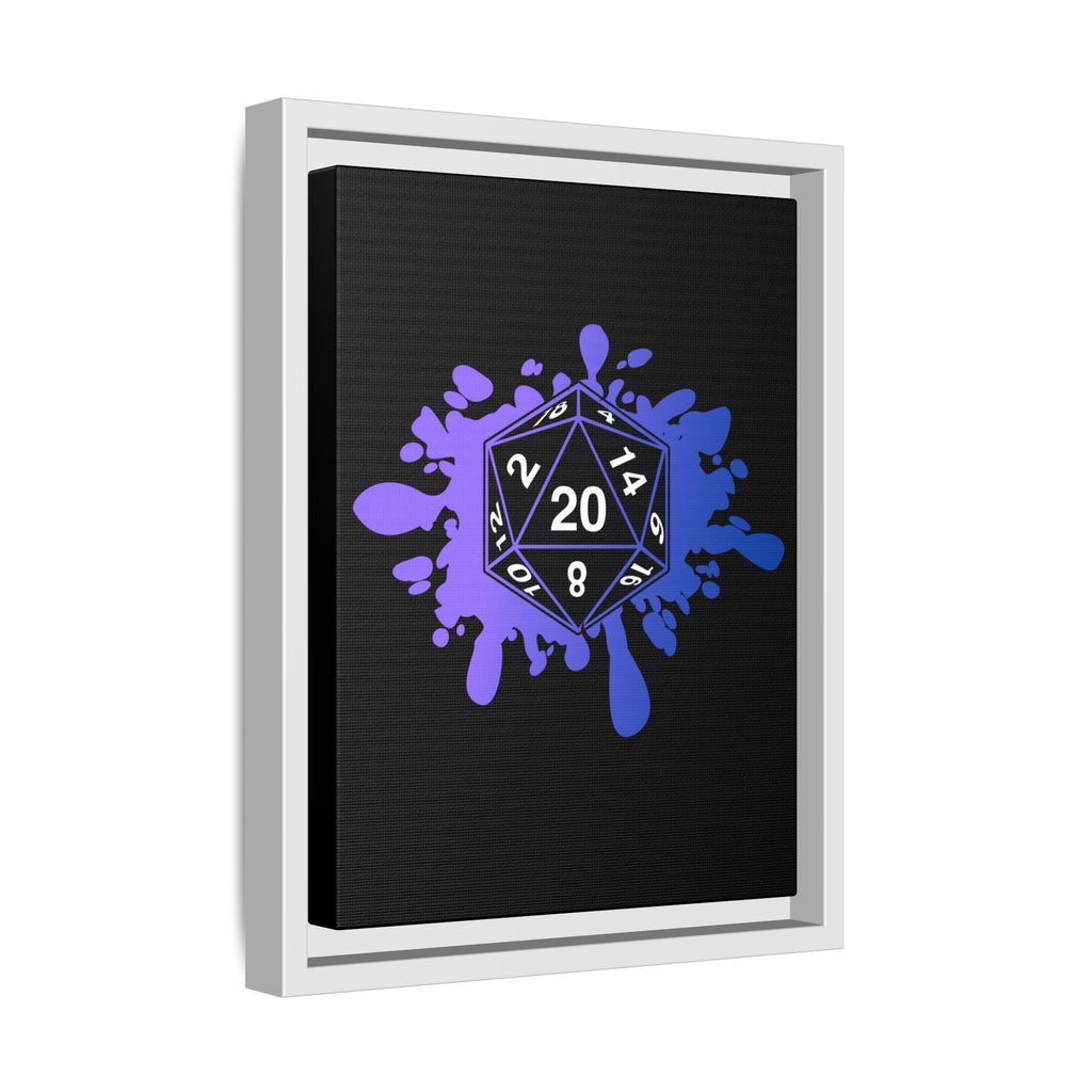D20 Splash Matte Canvas Framed Wall Art — Purple Blue Tabletop RPG Decor