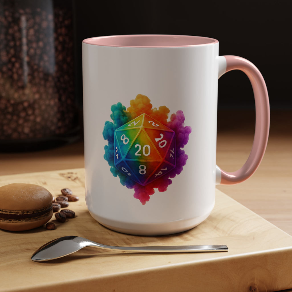 D20 Rainbow Dice Coffee Mug — Colorful Tabletop RPG Gamer Mug (15 oz)