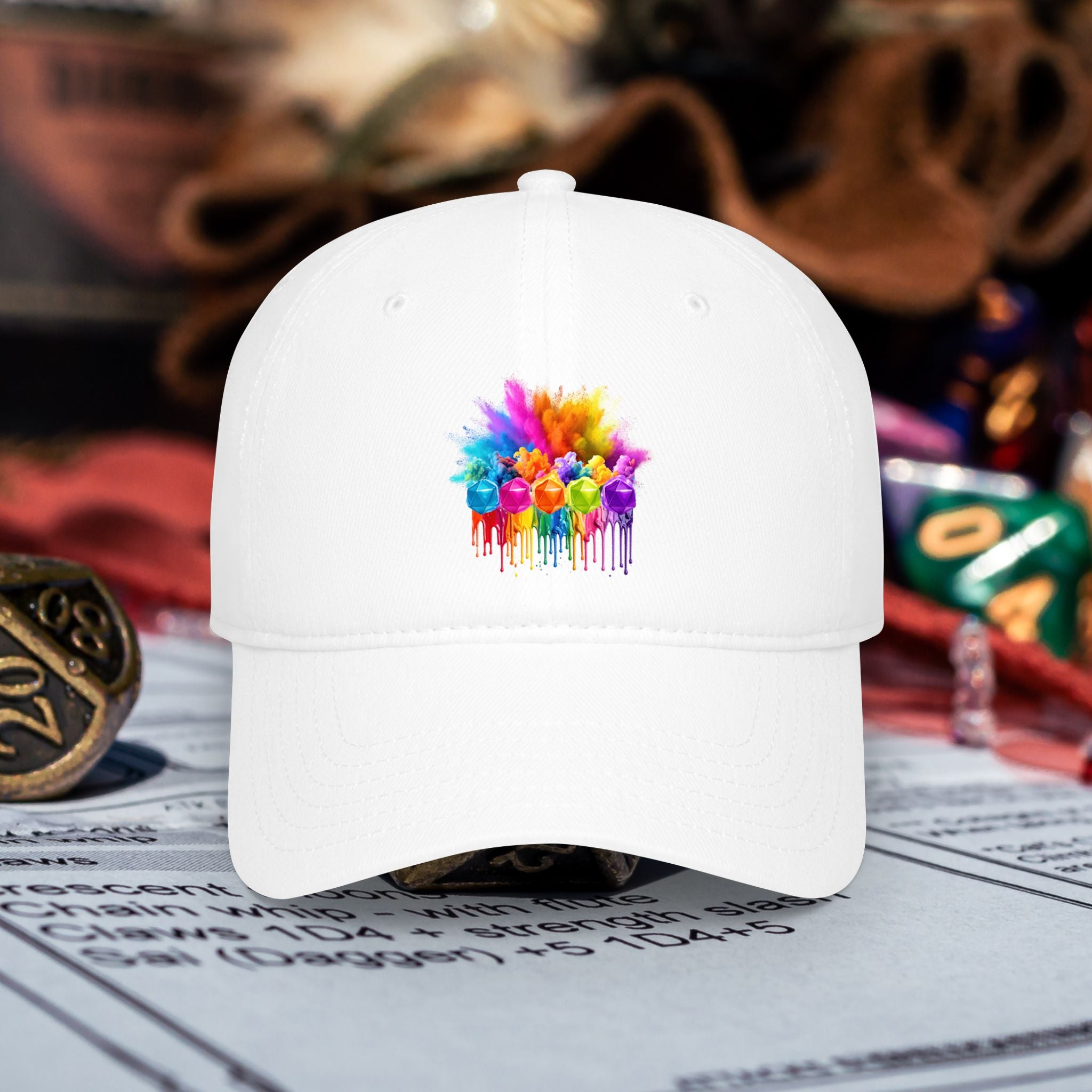 Colorful D20 Baseball Cap — Vibrant Dice Paint Splash Low-Profile Hat