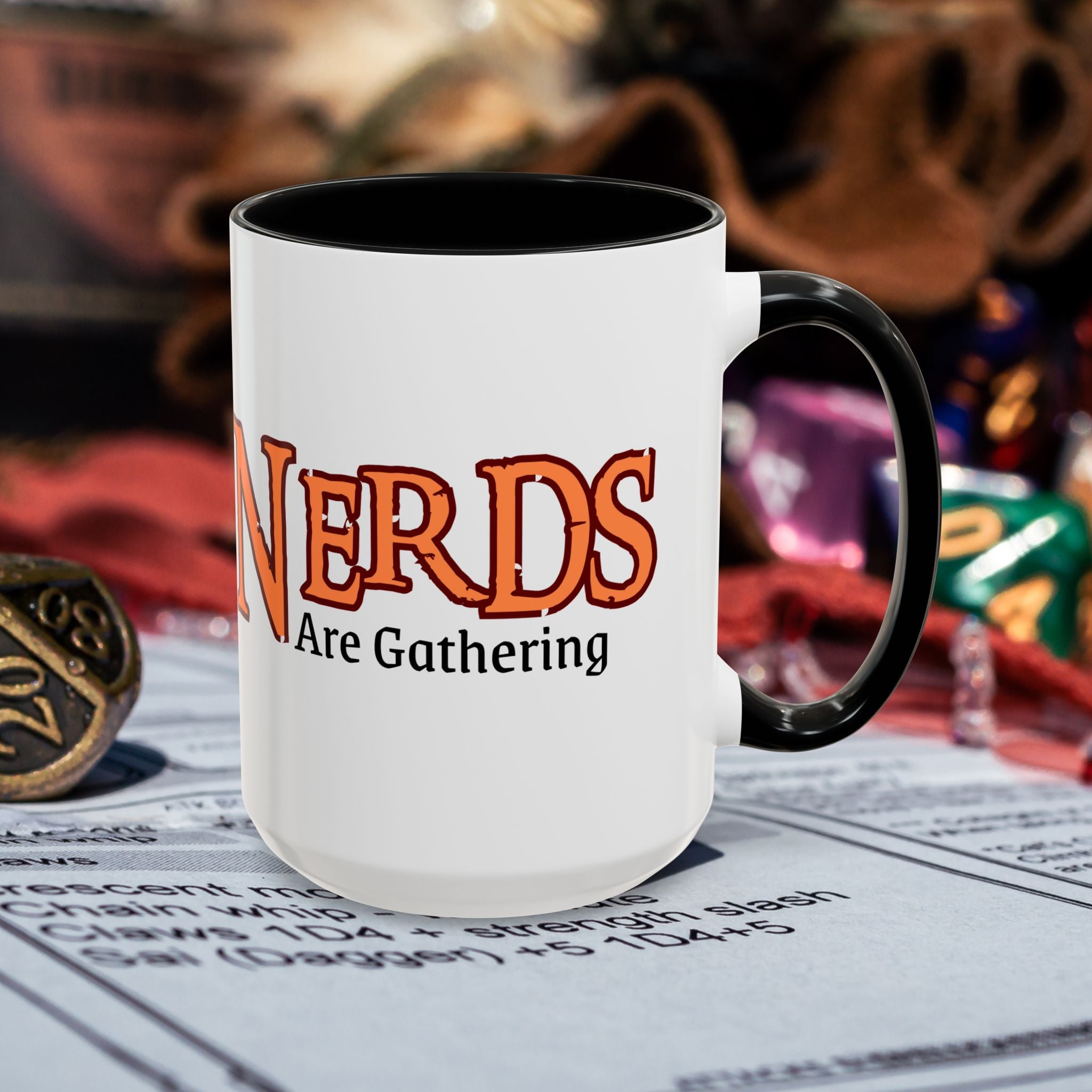 Coffee Mug — "Nerds Are Gathering" Accent Gaming D20 Dice Cup (15oz)