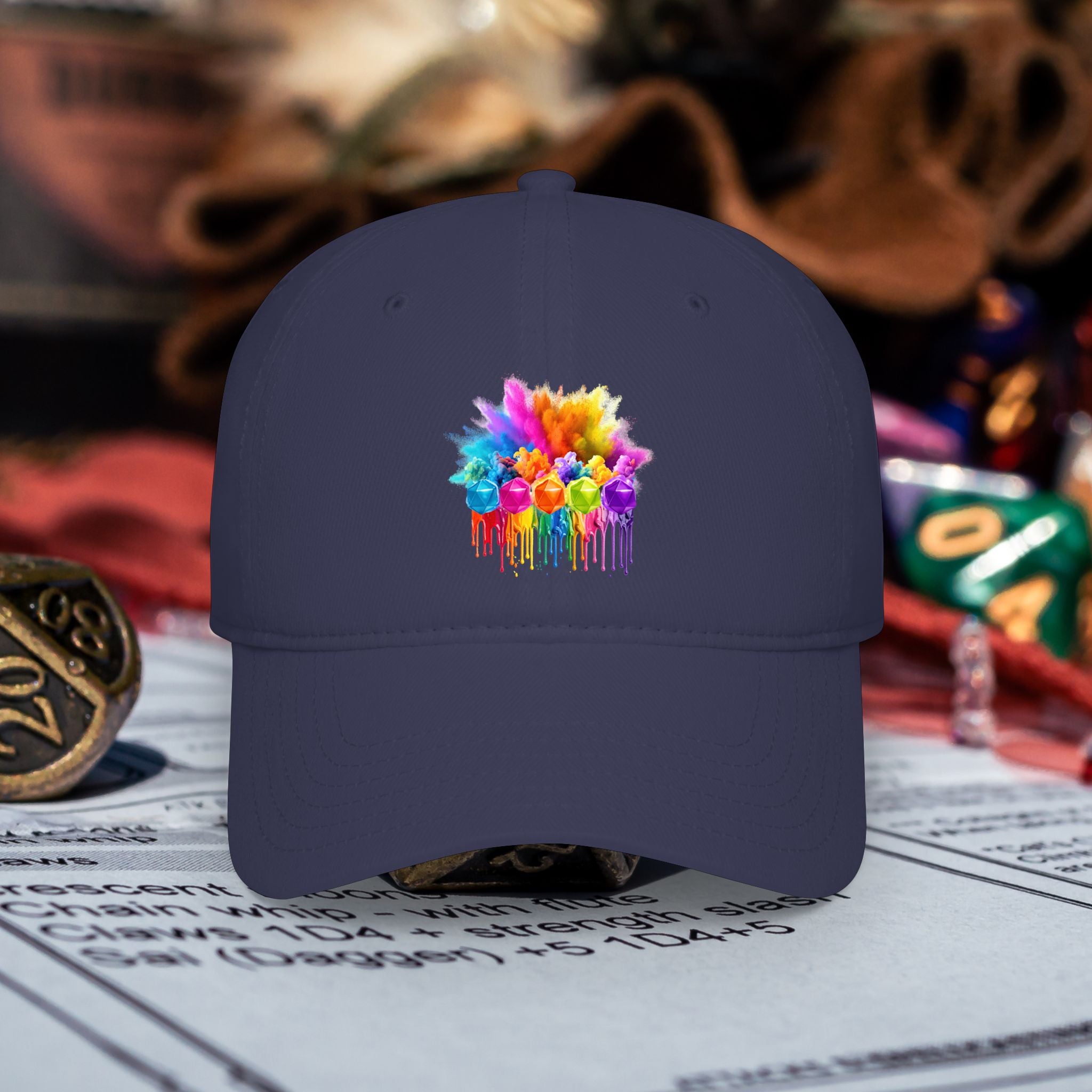 Colorful D20 Baseball Cap — Vibrant Dice Paint Splash Low-Profile Hat