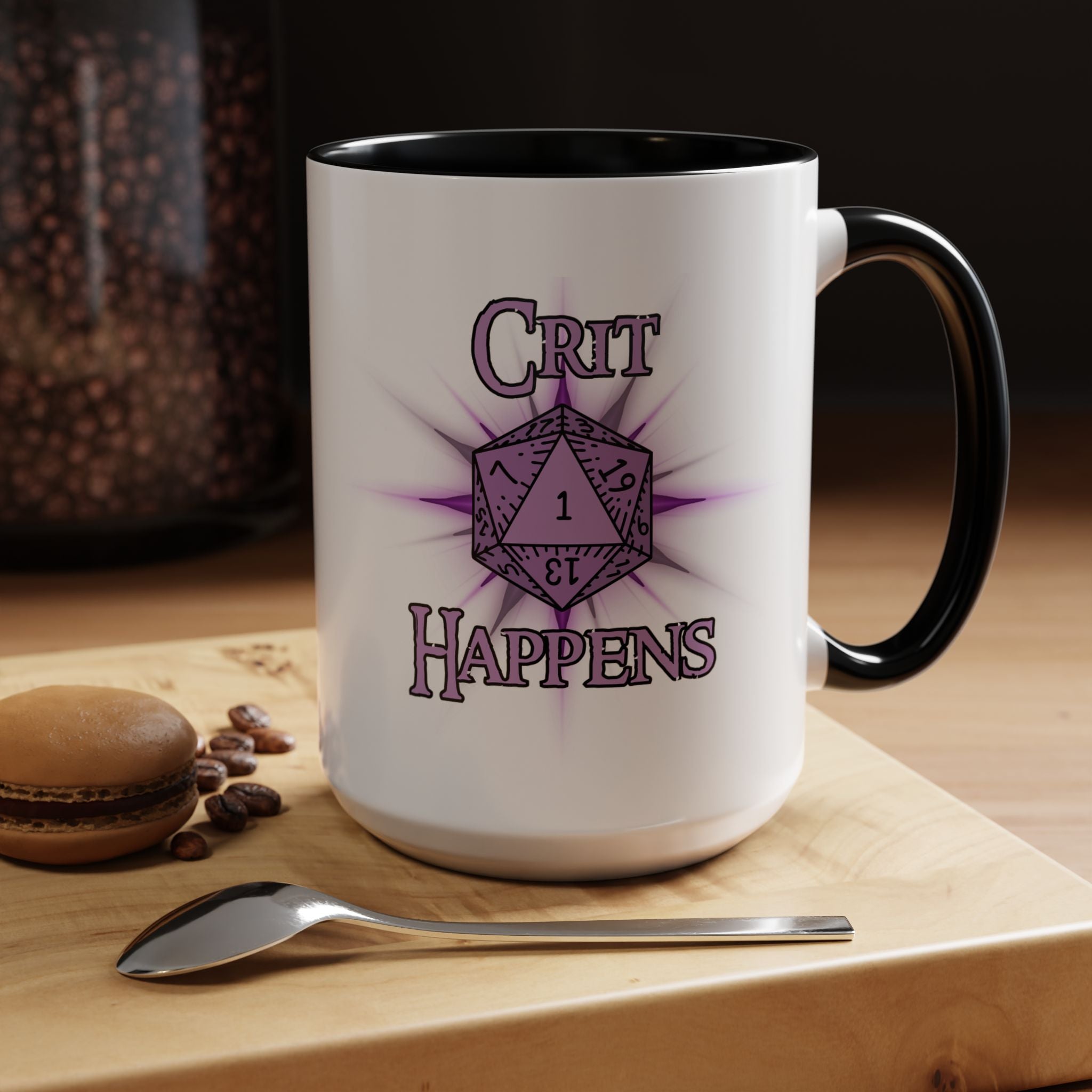 Crit Happens Coffee Mug — RPG D20 Dice Gift (15oz)