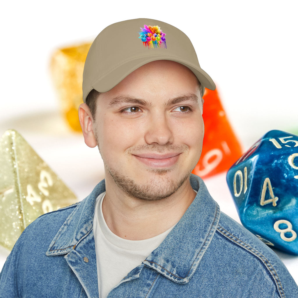 Colorful D20 Baseball Cap — Vibrant Dice Paint Splash Low-Profile Hat