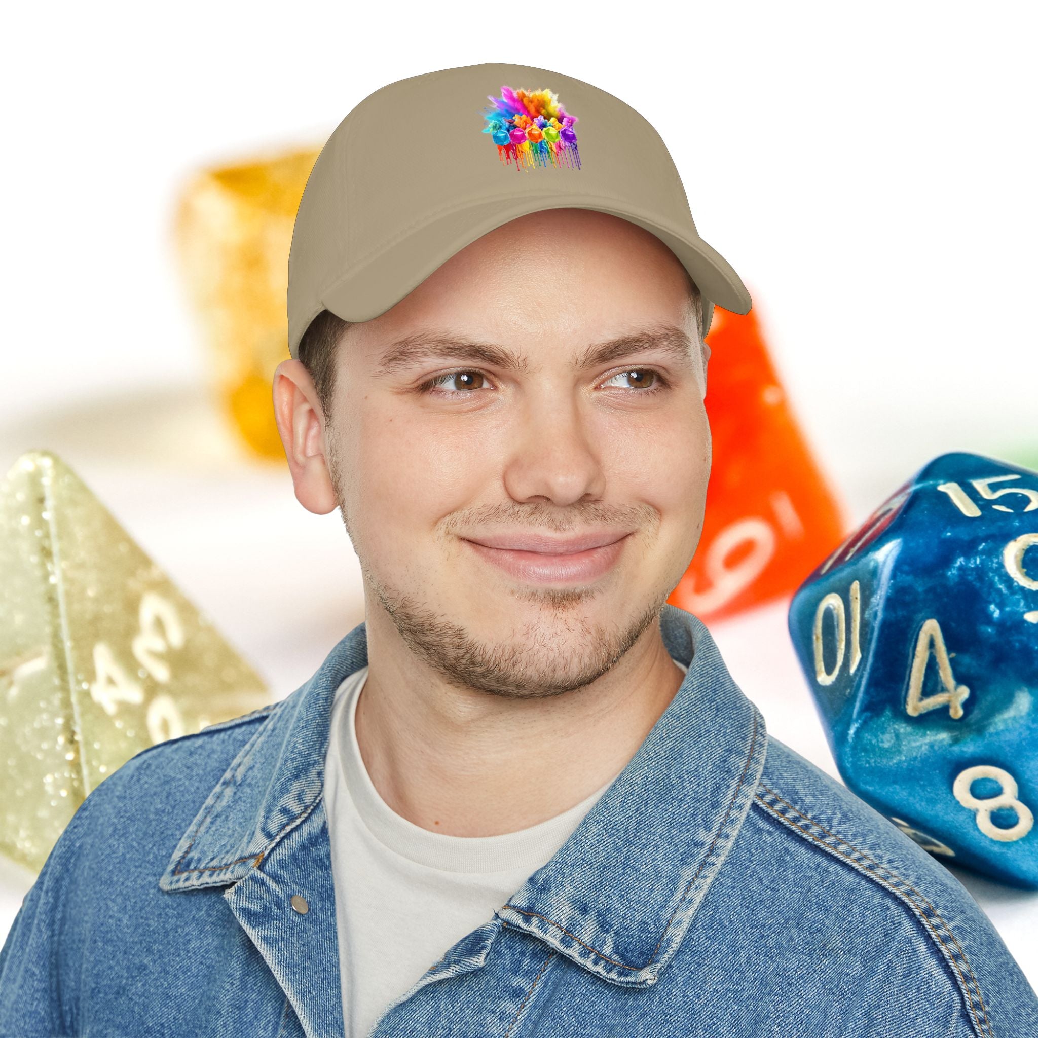 Colorful D20 Baseball Cap — Vibrant Dice Paint Splash Low-Profile Hat