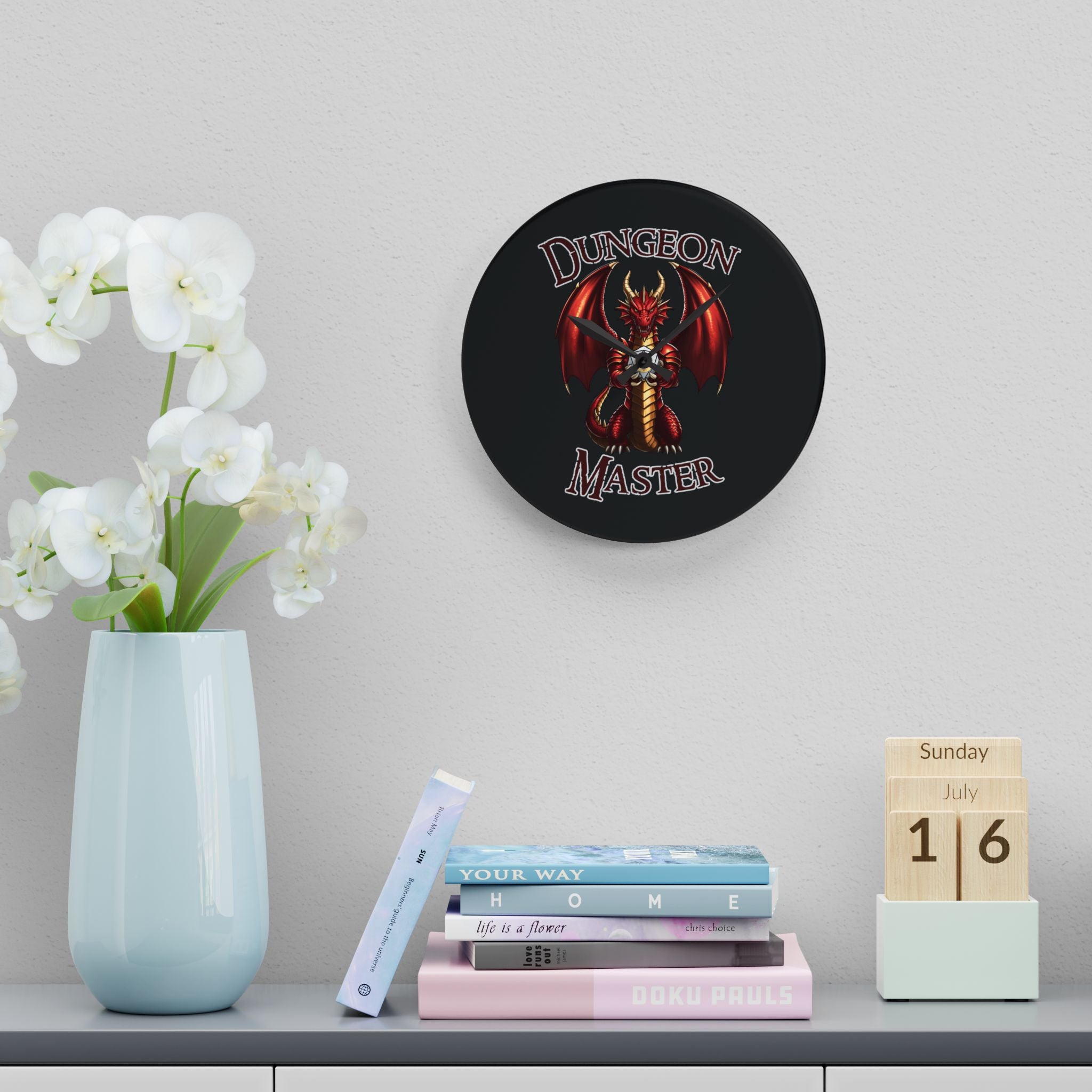 Dungeon Master Acrylic Wall Clock — Red Dragon Gaming Clock for D&D Players