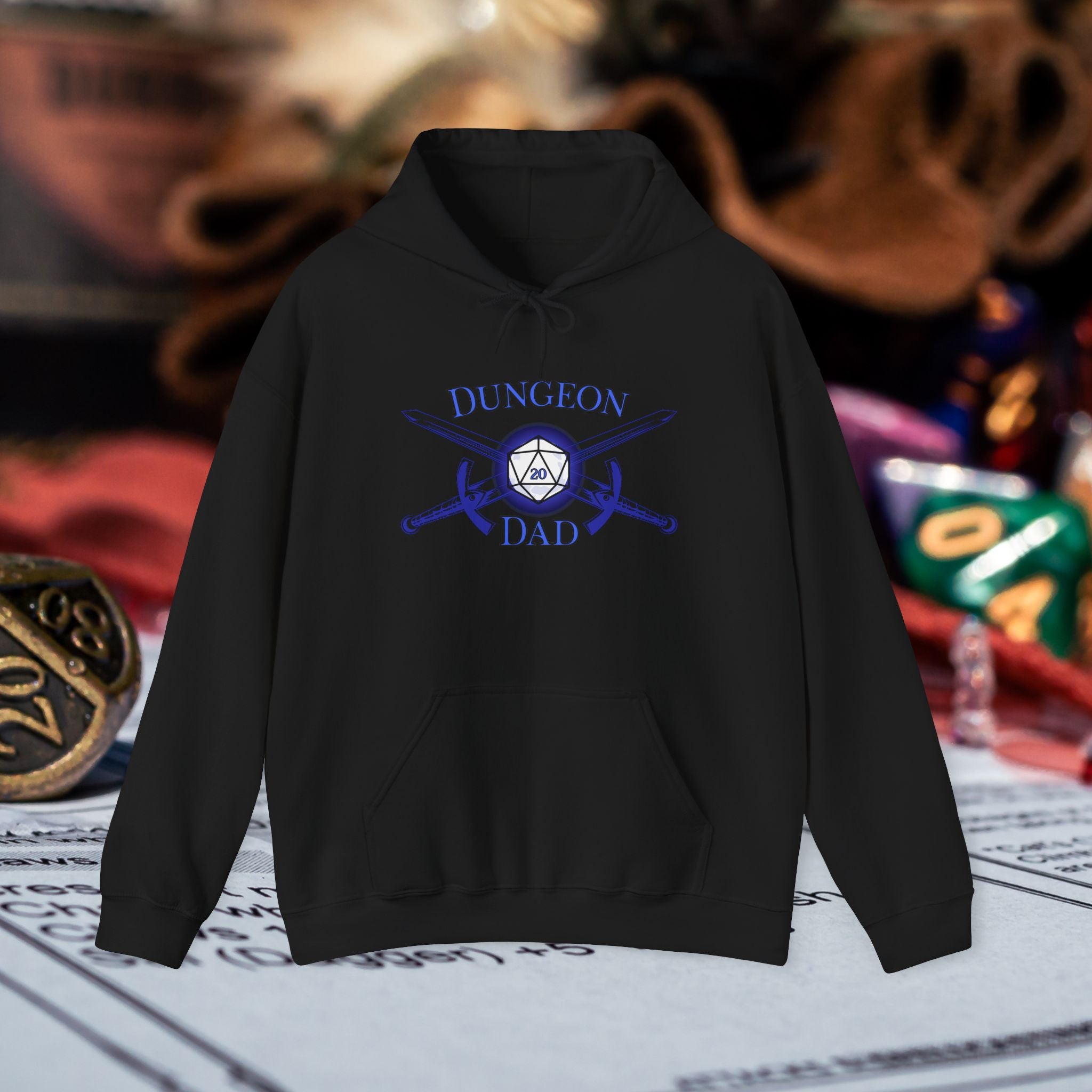 Dungeon Dad Hoodie – RPG Dad Hoodie with Dice & Swords Design