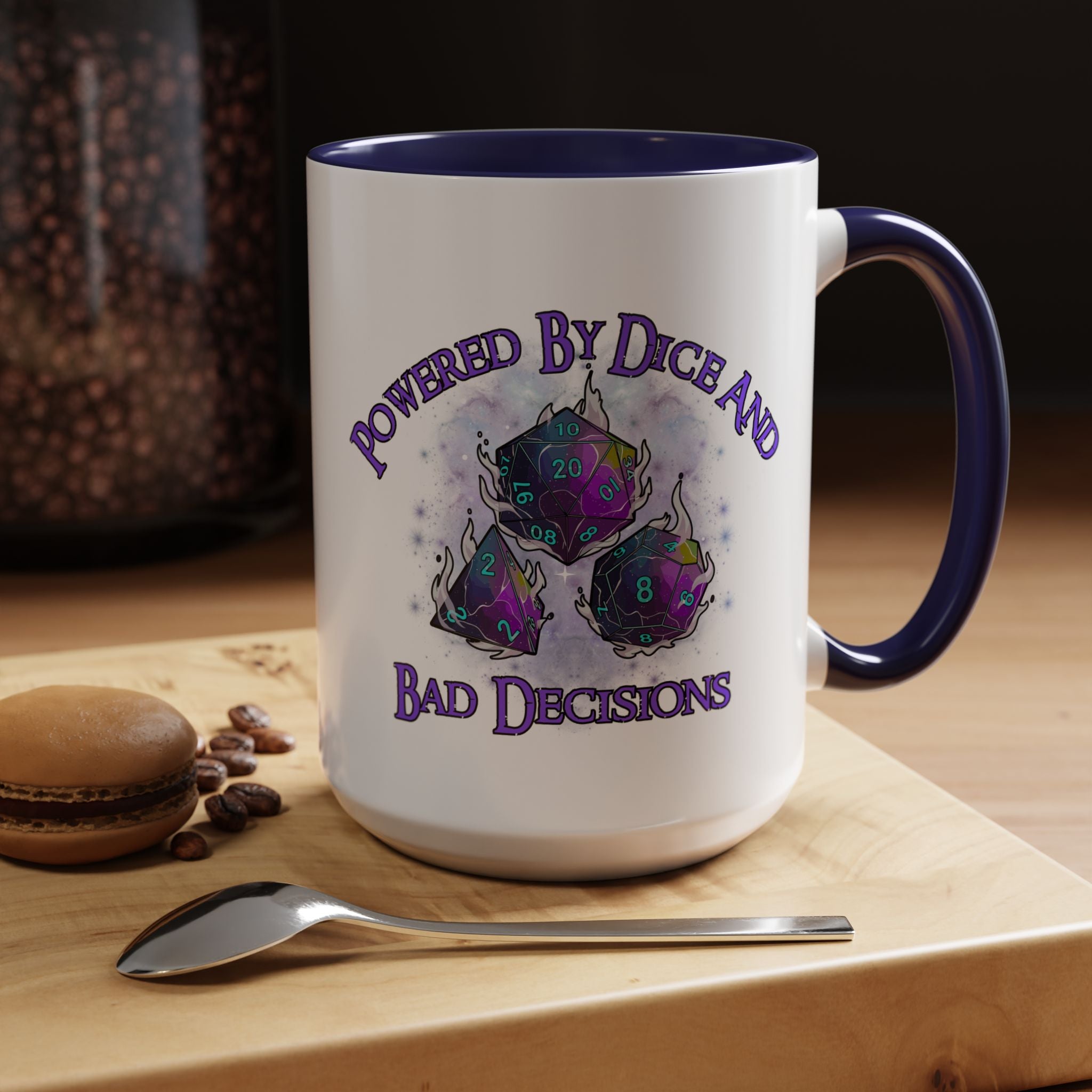 Powered by Dice Coffee Mug — "Powered by Dice and Bad Decisions" RPG Gamer Mug