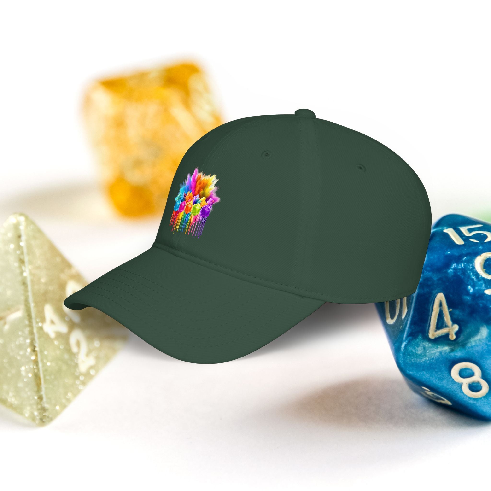 Colorful D20 Baseball Cap — Vibrant Dice Paint Splash Low-Profile Hat
