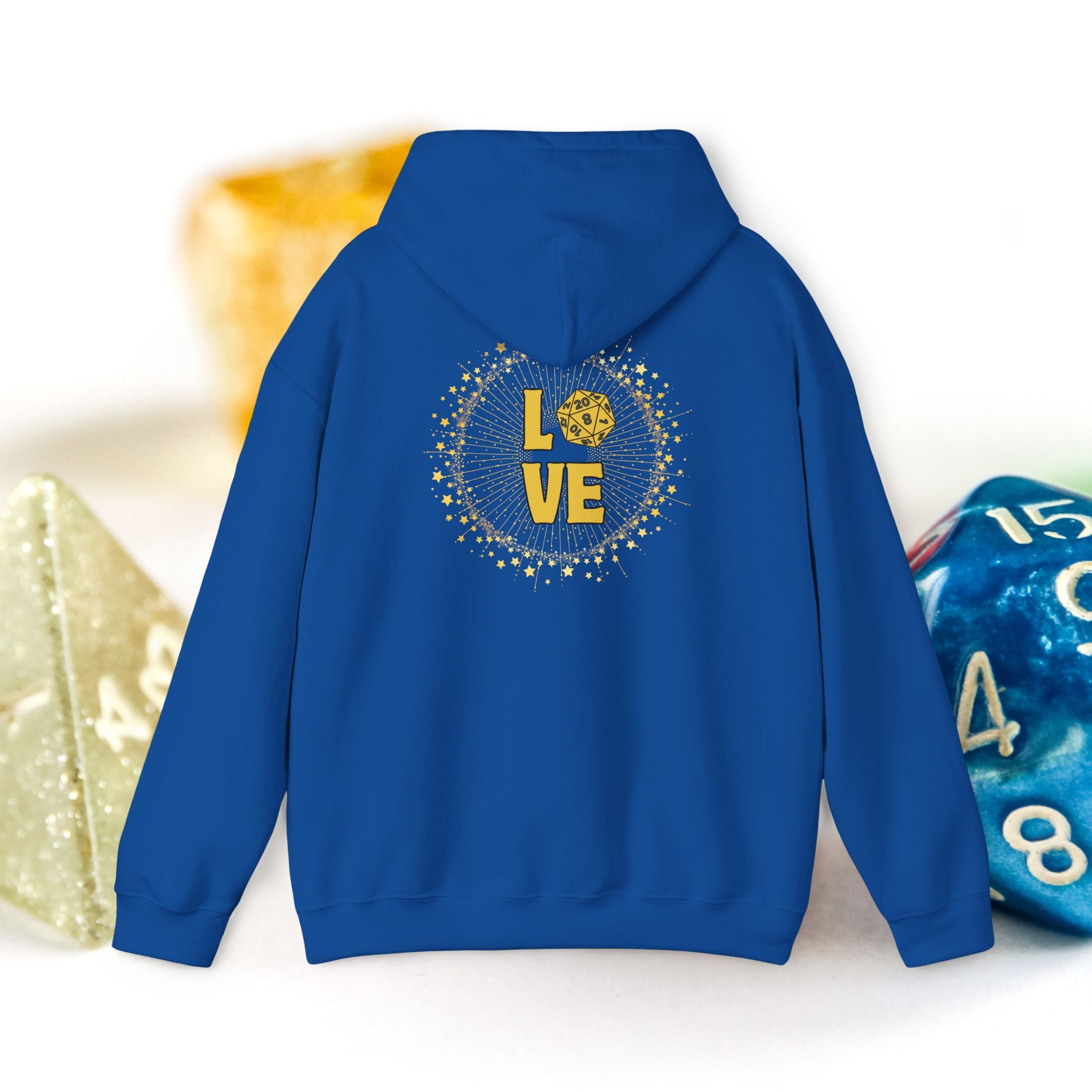 LOVE D20 Hoodie — Gold Glitter Dice Heart Gamer Gaming RPG Hooded Sweatshirt