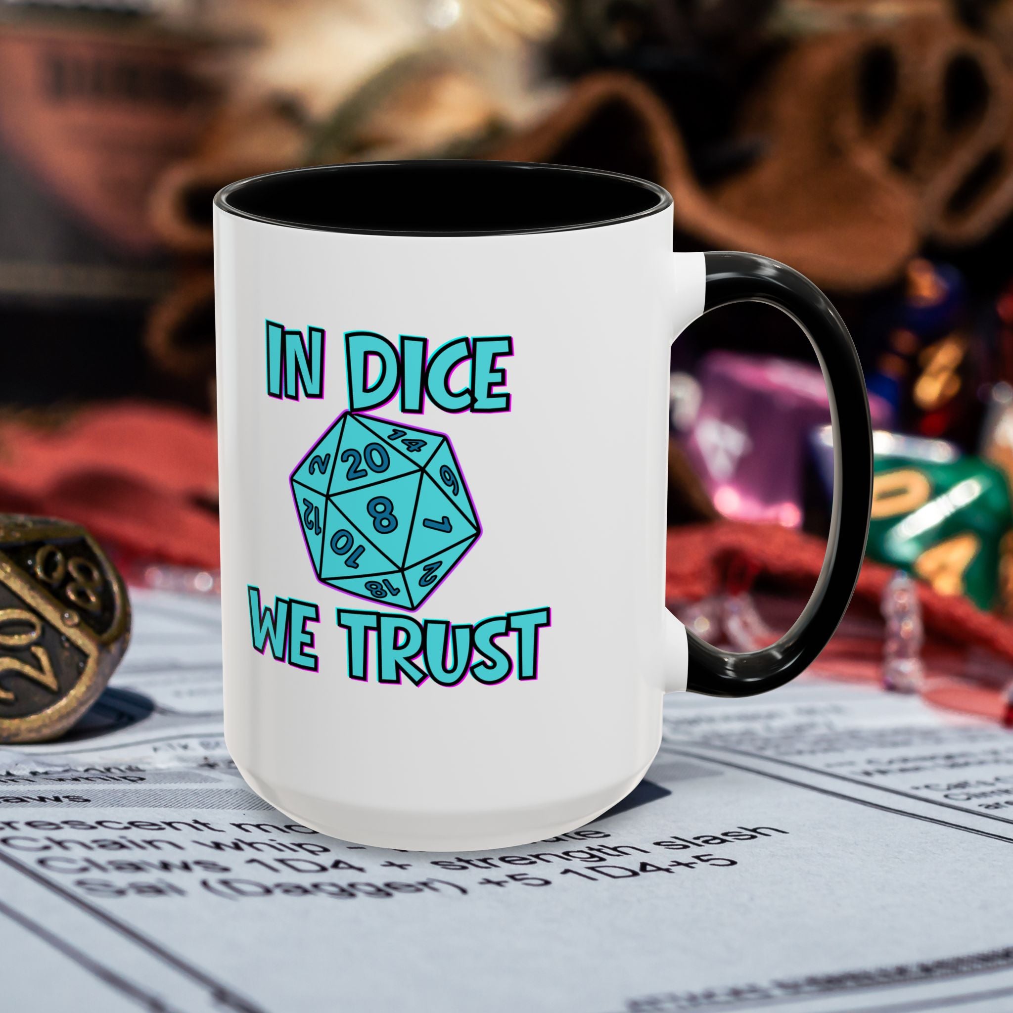 D20 Coffee Mug — "In Dice We Trust" Gamer RPG Dice Mug (15oz Accent)