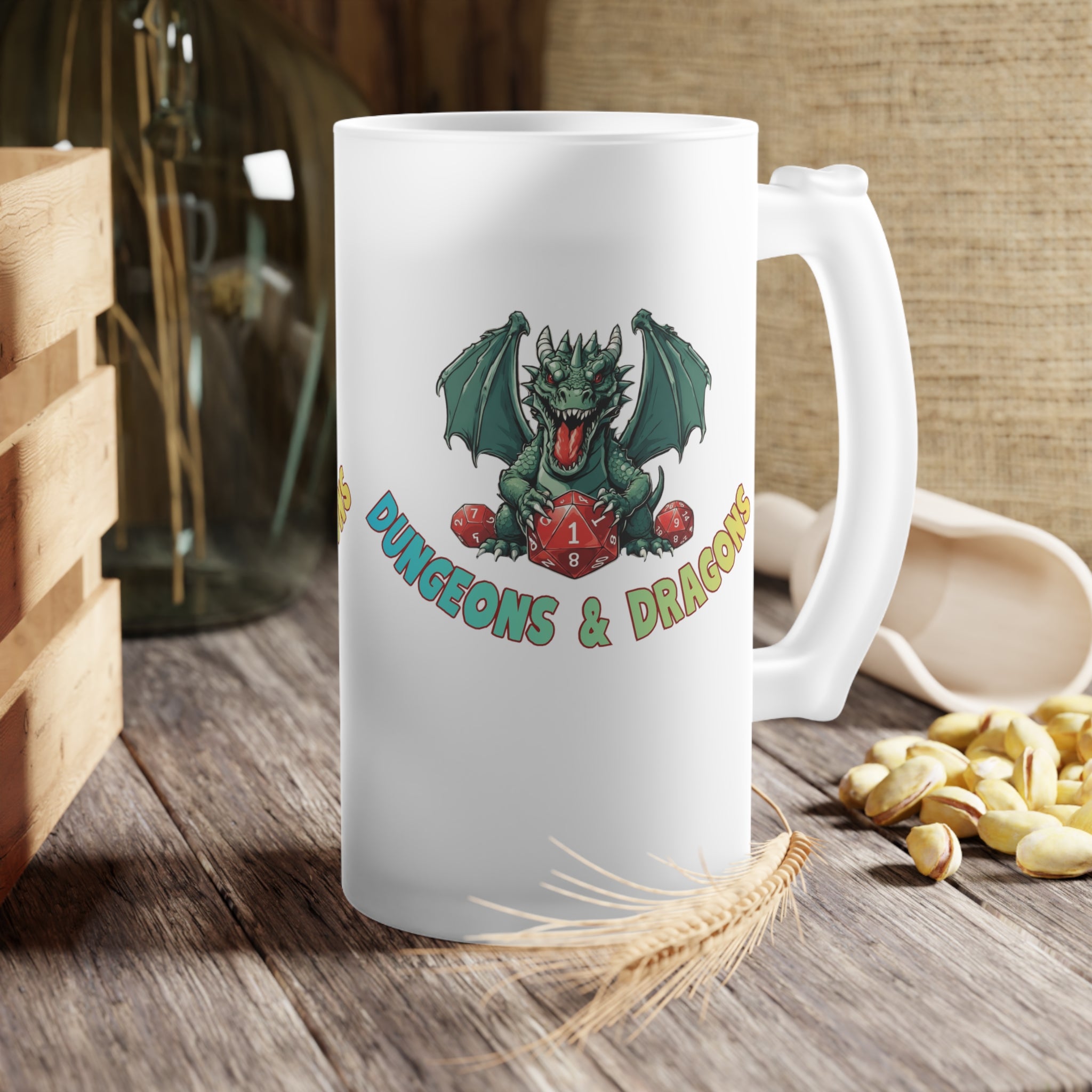 Frosted Beer/Mead Mug — 'Dungeons & Dragons' Dragon Graphic Pint Glass