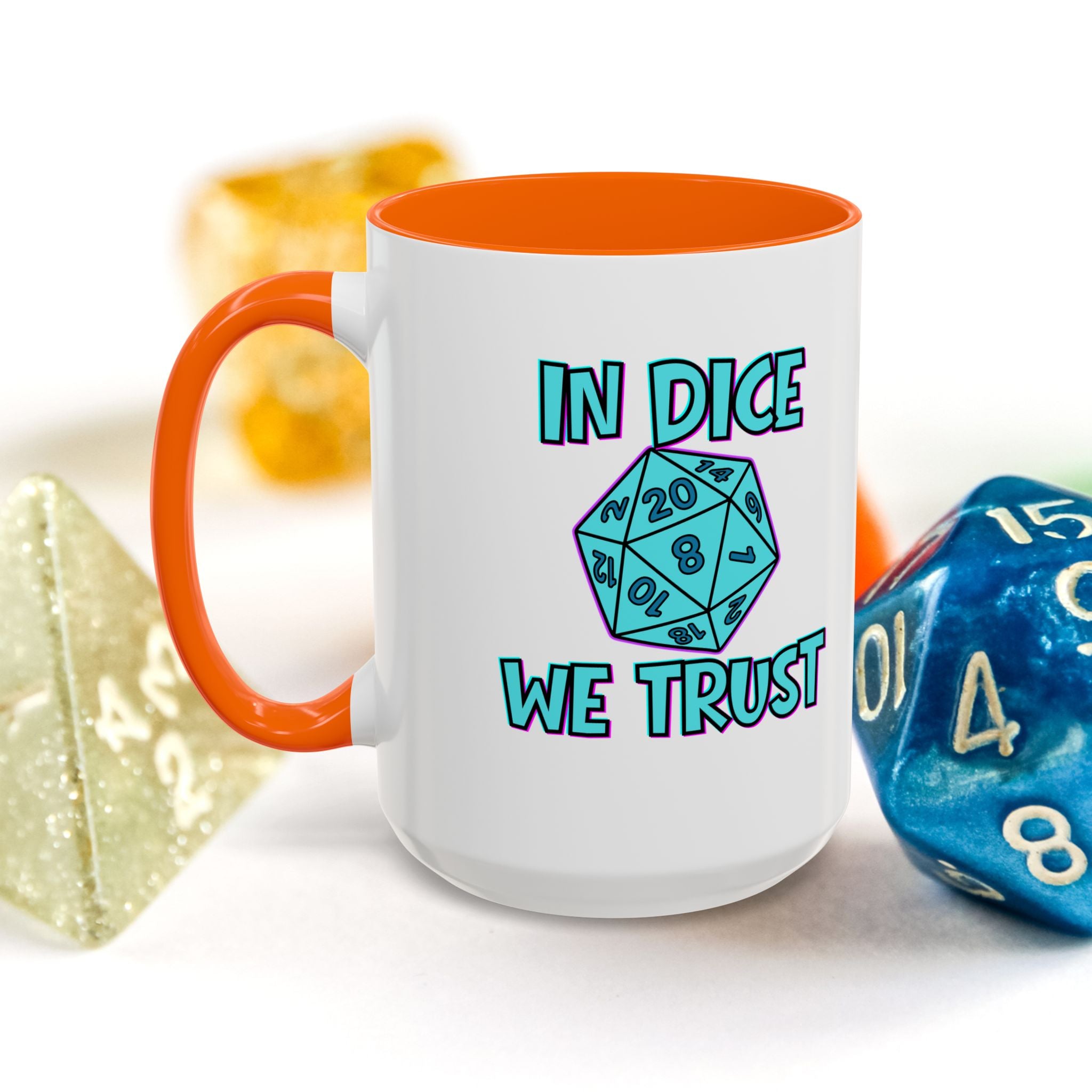 D20 Coffee Mug — "In Dice We Trust" Gamer RPG Dice Mug (15oz Accent)