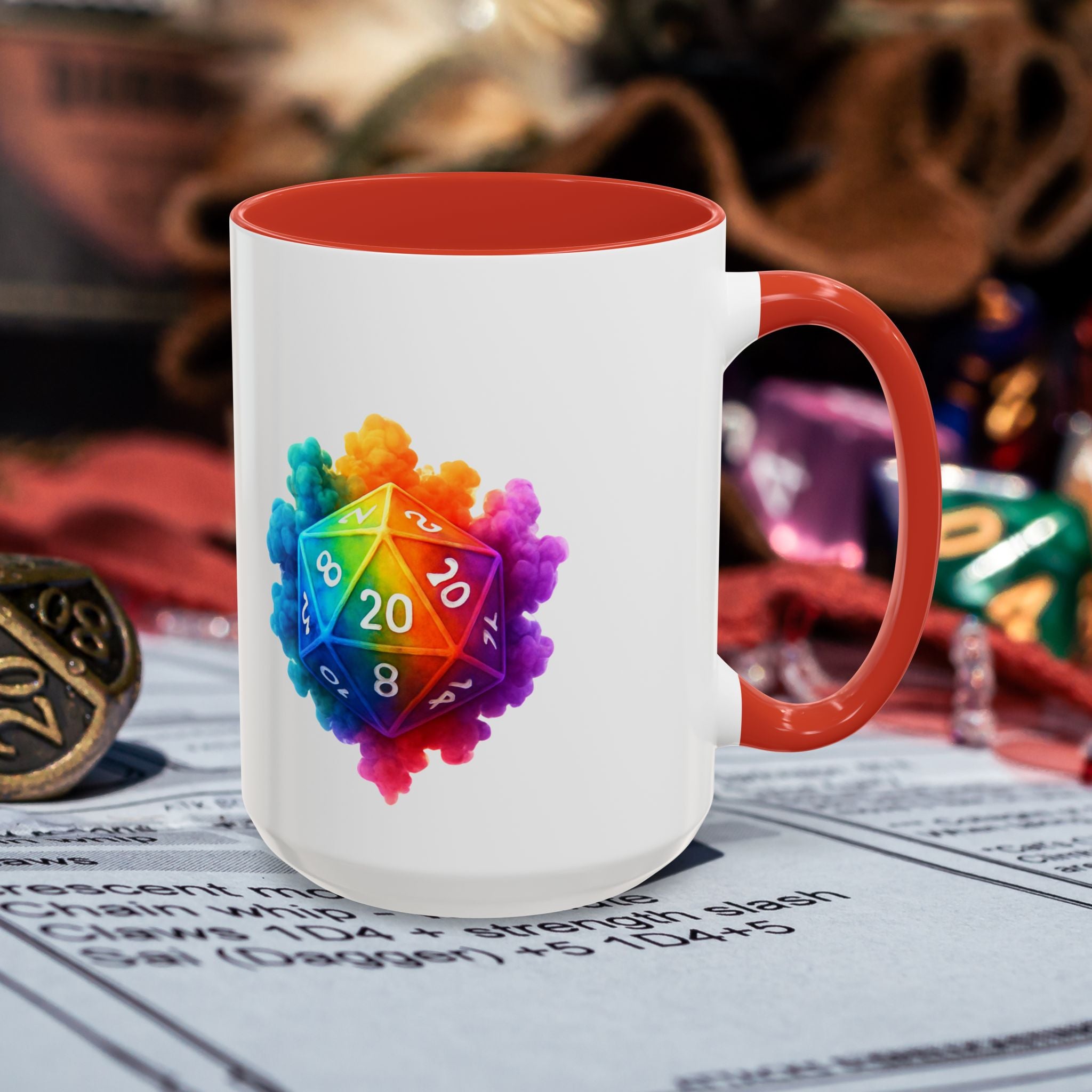 D20 Rainbow Dice Coffee Mug — Colorful Tabletop RPG Gamer Mug (15 oz)