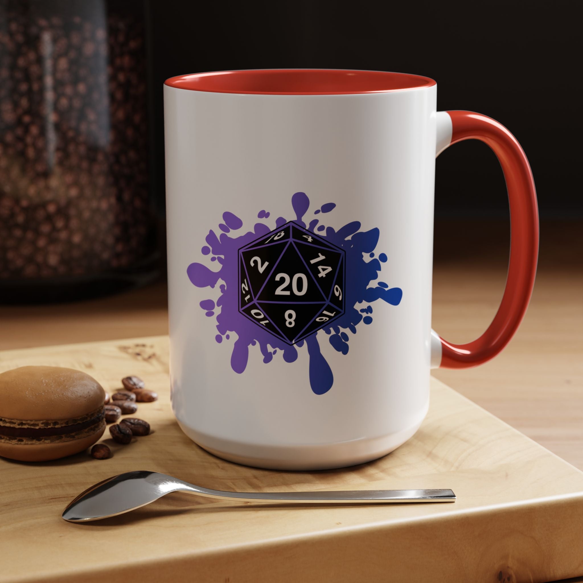 D20 Splash Coffee Mug — Gamer Dice 15oz Accent Mug