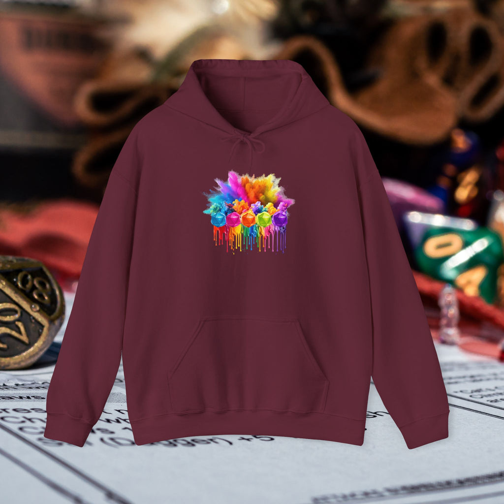 Colorful Drip D20 Hoodie – Vibrant Rainbow Dice Sweatshirt