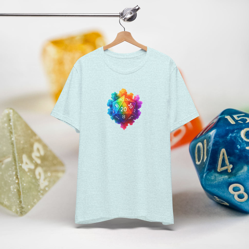 D20 Rainbow Heart T‑Shirt — Colorful Tabletop RPG Dice Tee