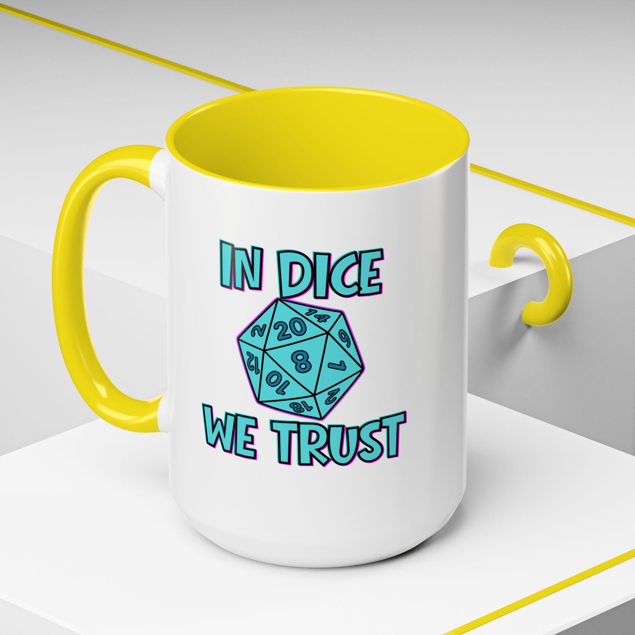 D20 Coffee Mug — "In Dice We Trust" Gamer RPG Dice Mug (15oz Accent)