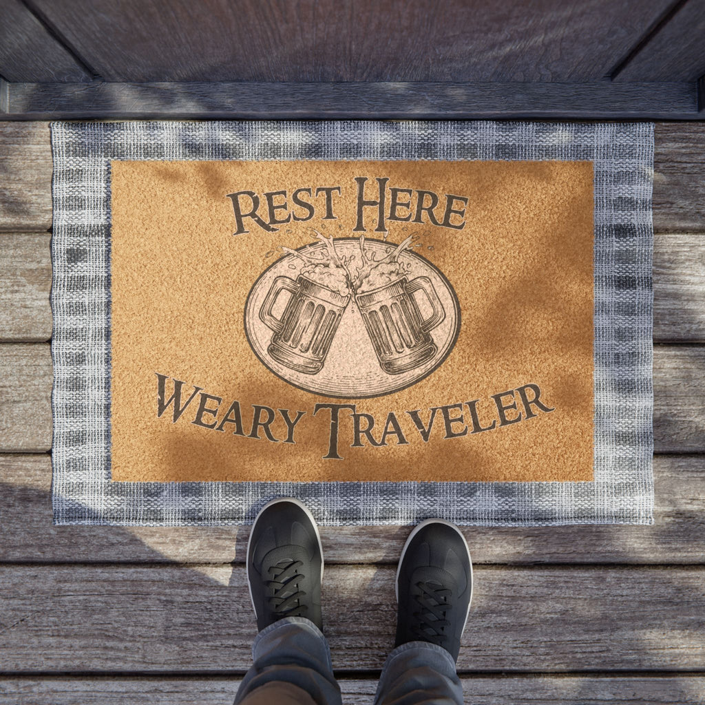 Doormat — "Rest Here Weary Traveler" Rustic Beer Mug Welcome Mat