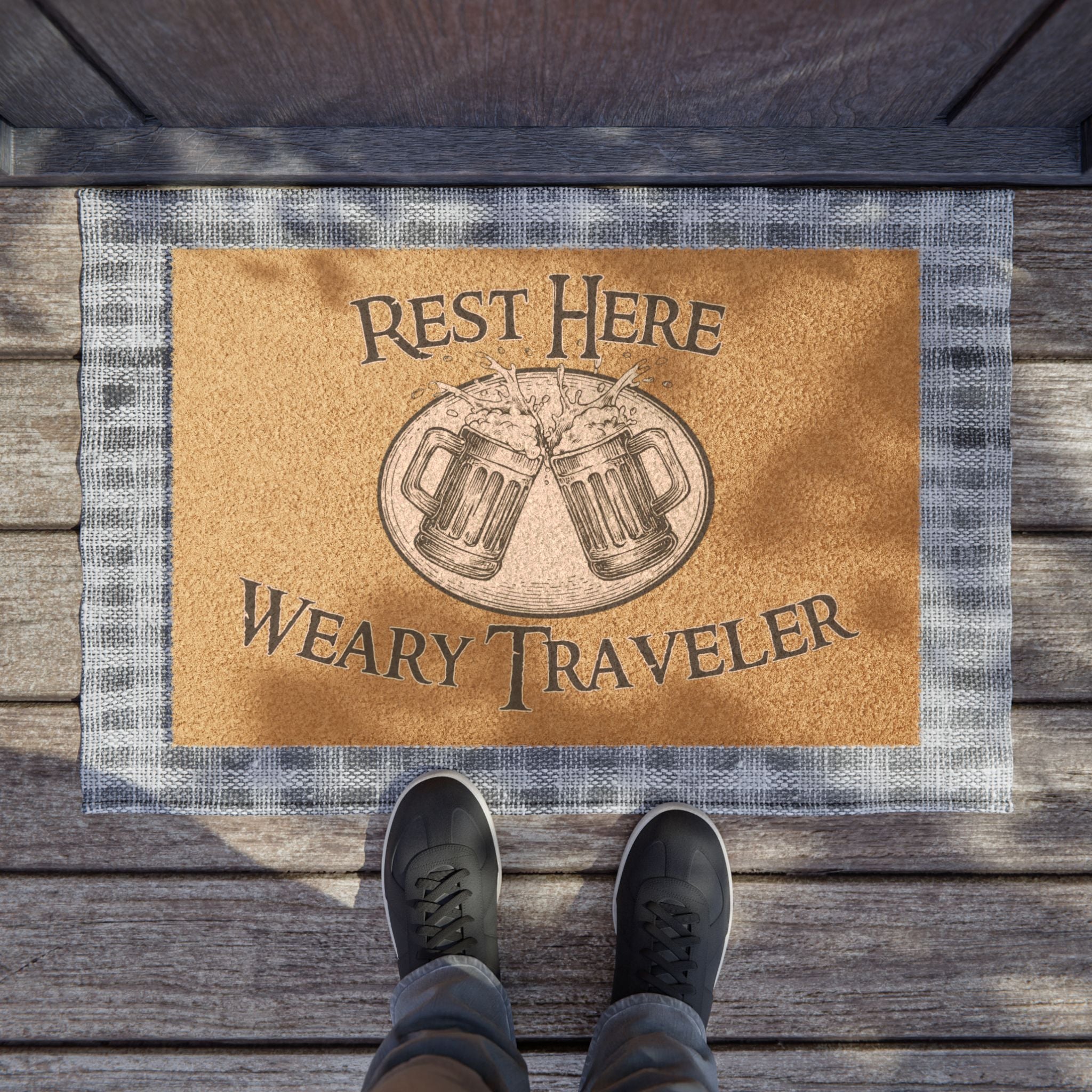 Doormat — "Rest Here Weary Traveler" Rustic Beer Mug Welcome Mat